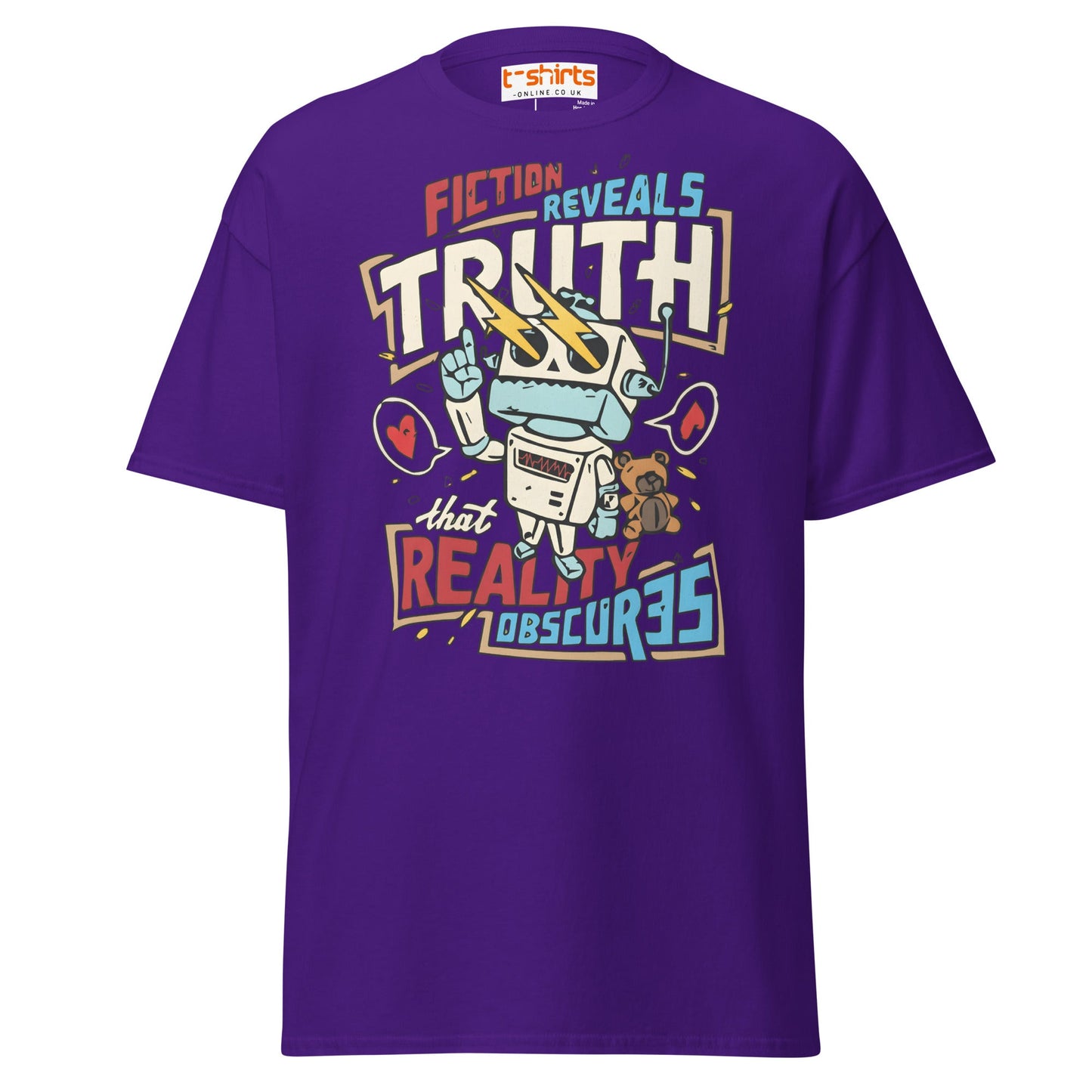 Fiction Reveals Truth T-Shirt - Sci - Fi Robot Tee - Purple - T-Shirts Online