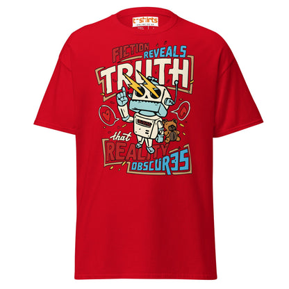 Fiction Reveals Truth T-Shirt - Sci - Fi Robot Tee - Red - T-Shirts Online