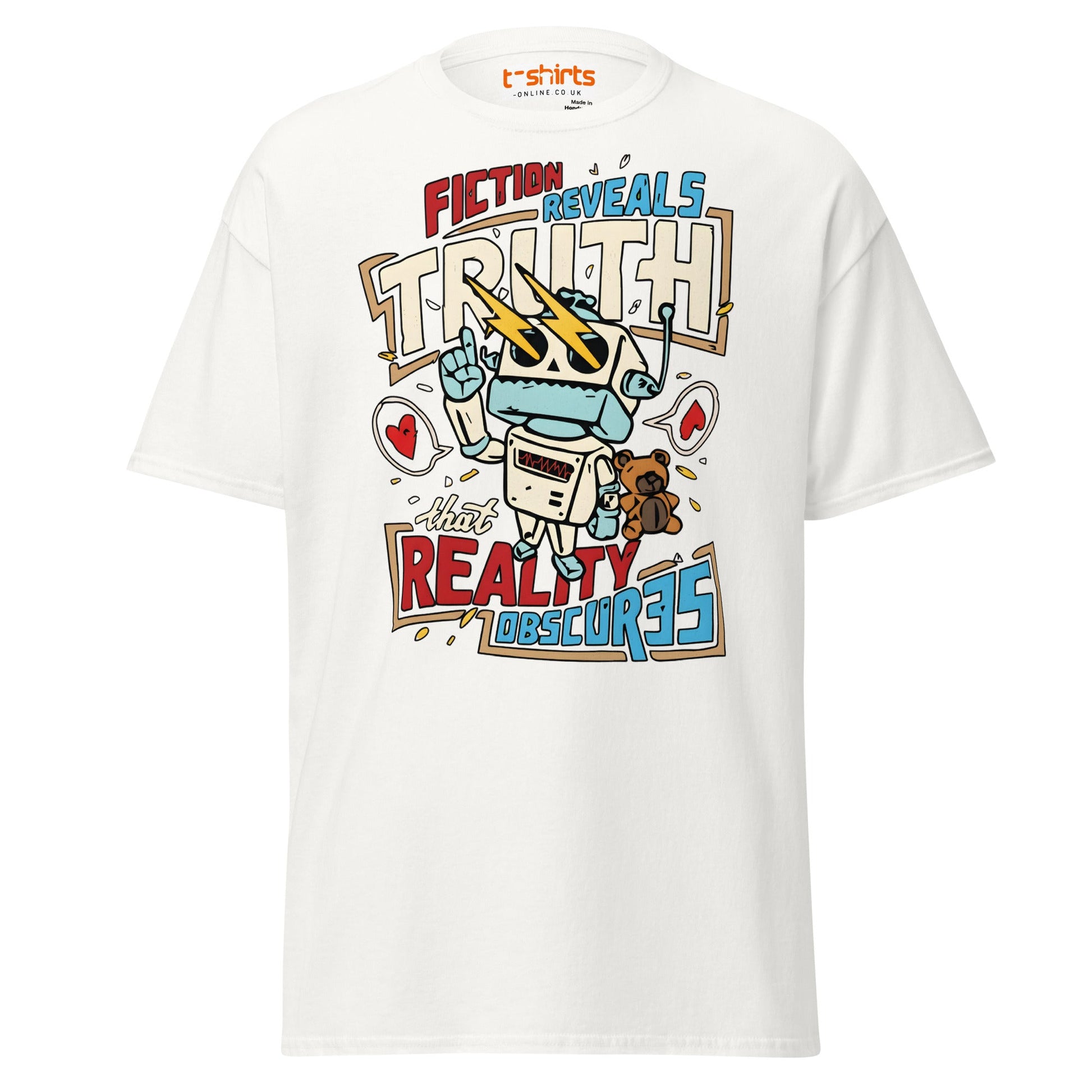 Fiction Reveals Truth T-Shirt - Sci - Fi Robot Tee - White - T-Shirts Online