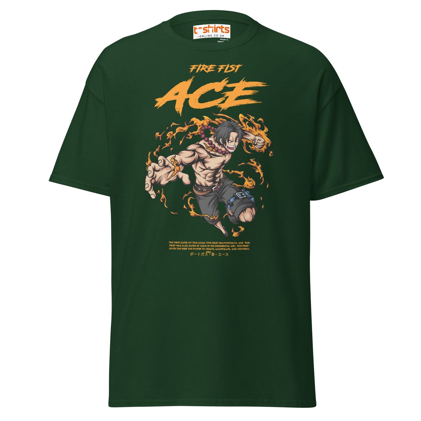 Fire Fist Ace T-Shirt | Anime Flame Warrior Tee - Forest Green - T-Shirts Online