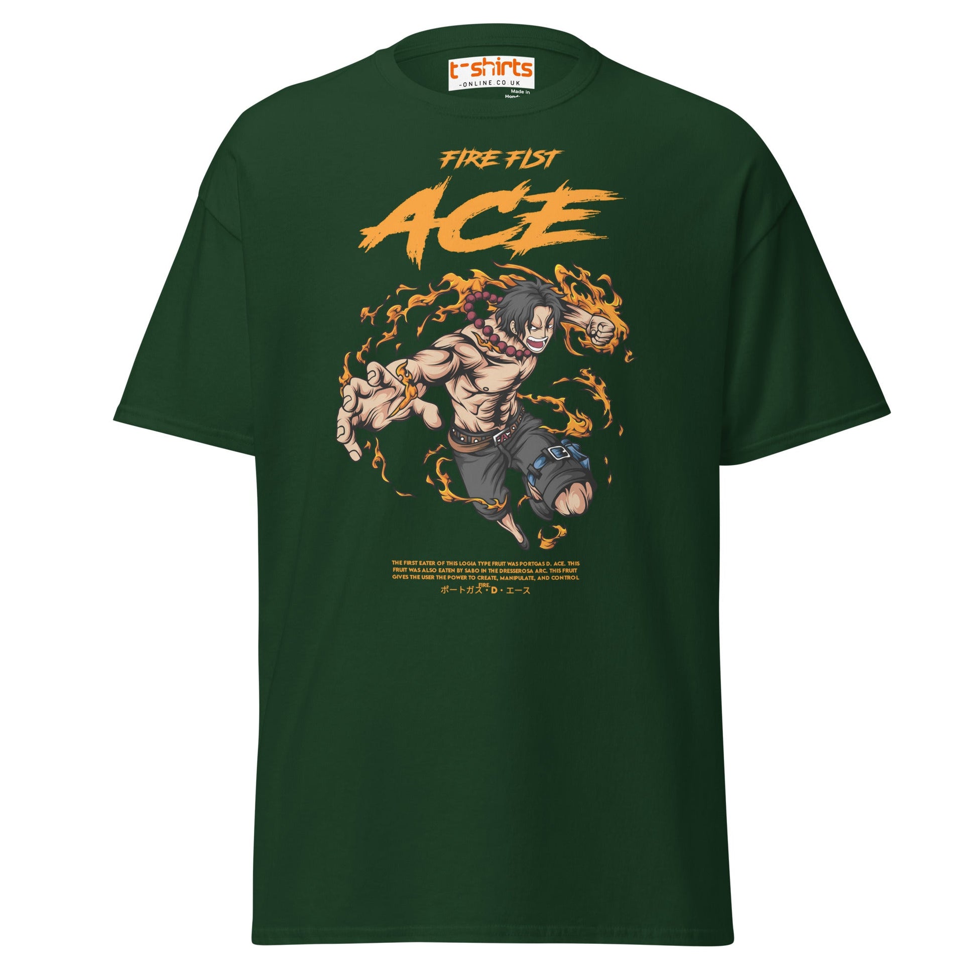 Fire Fist Ace T-Shirt | Anime Flame Warrior Tee - Forest Green - T-Shirts Online
