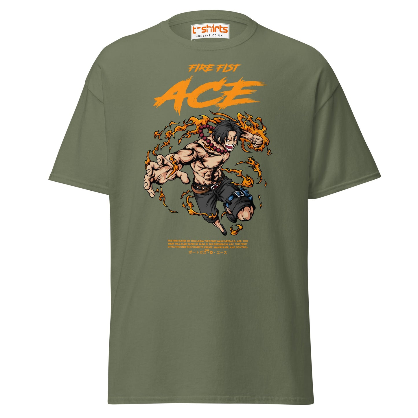 Fire Fist Ace T-Shirt | Anime Flame Warrior Tee - Military Green - T-Shirts Online