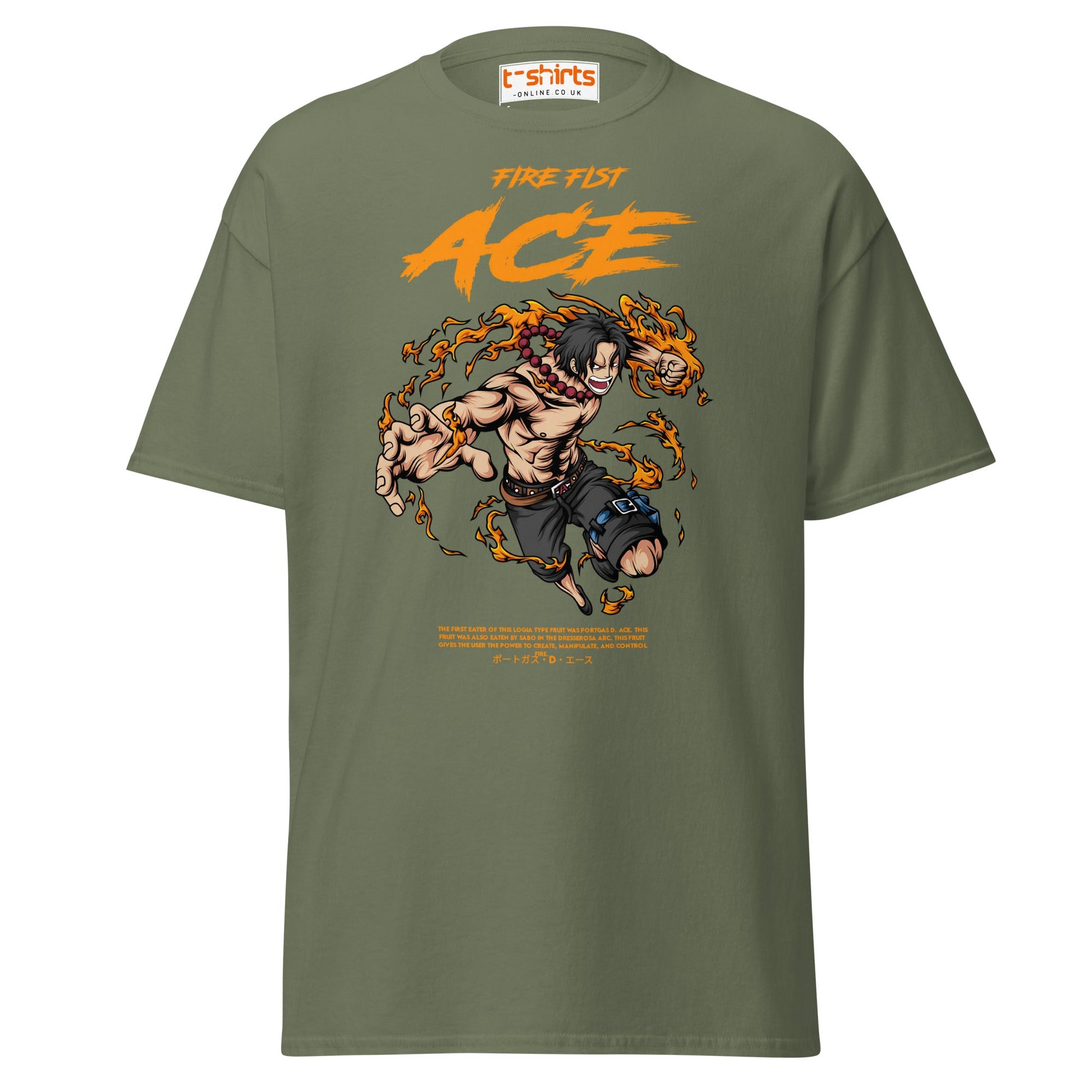 Fire Fist Ace T-Shirt | Anime Flame Warrior Tee - Military Green - T-Shirts Online