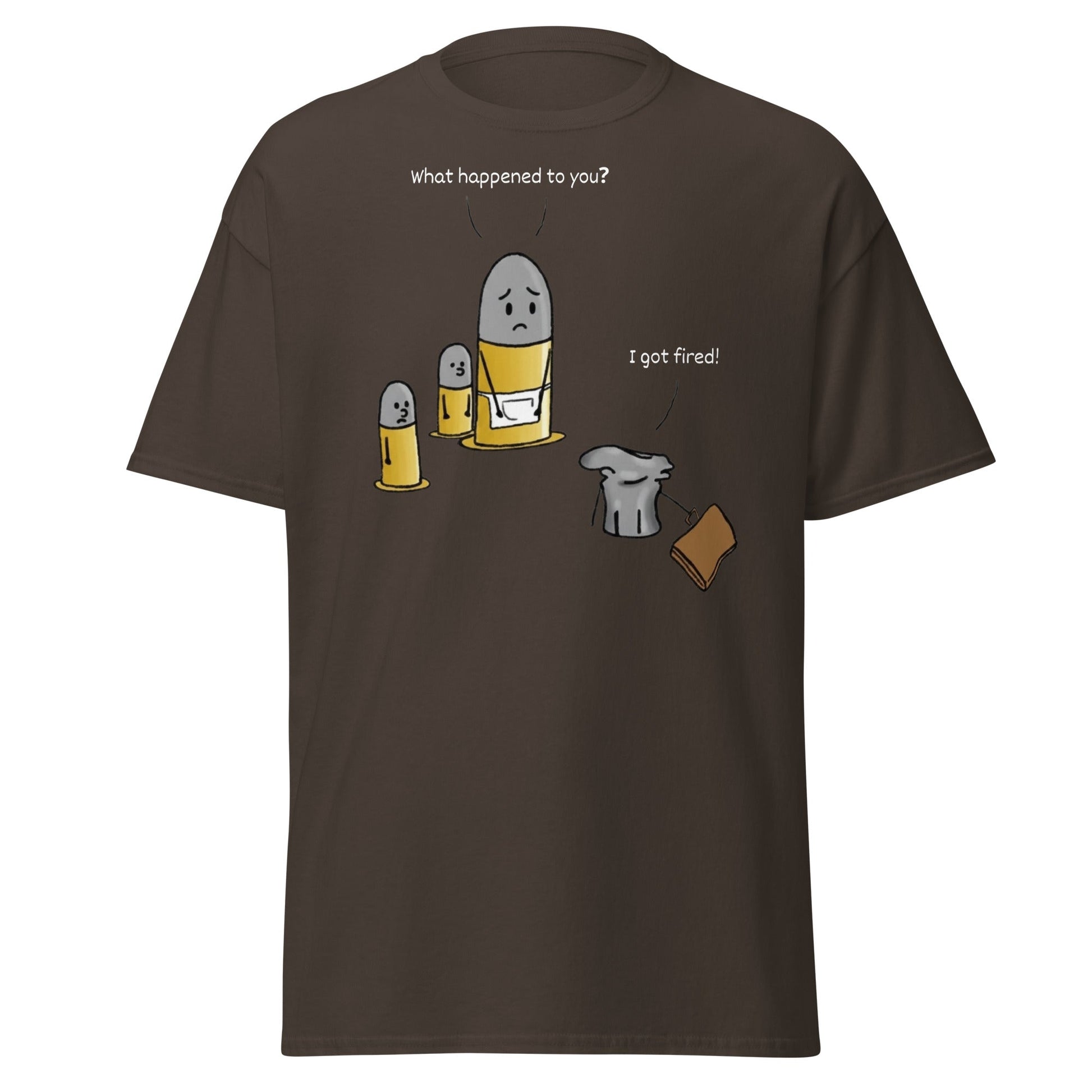 Fired Bullet Pun Funny T-Shirt - Gun Humor Tee - Dark Chocolate - T-Shirts Online