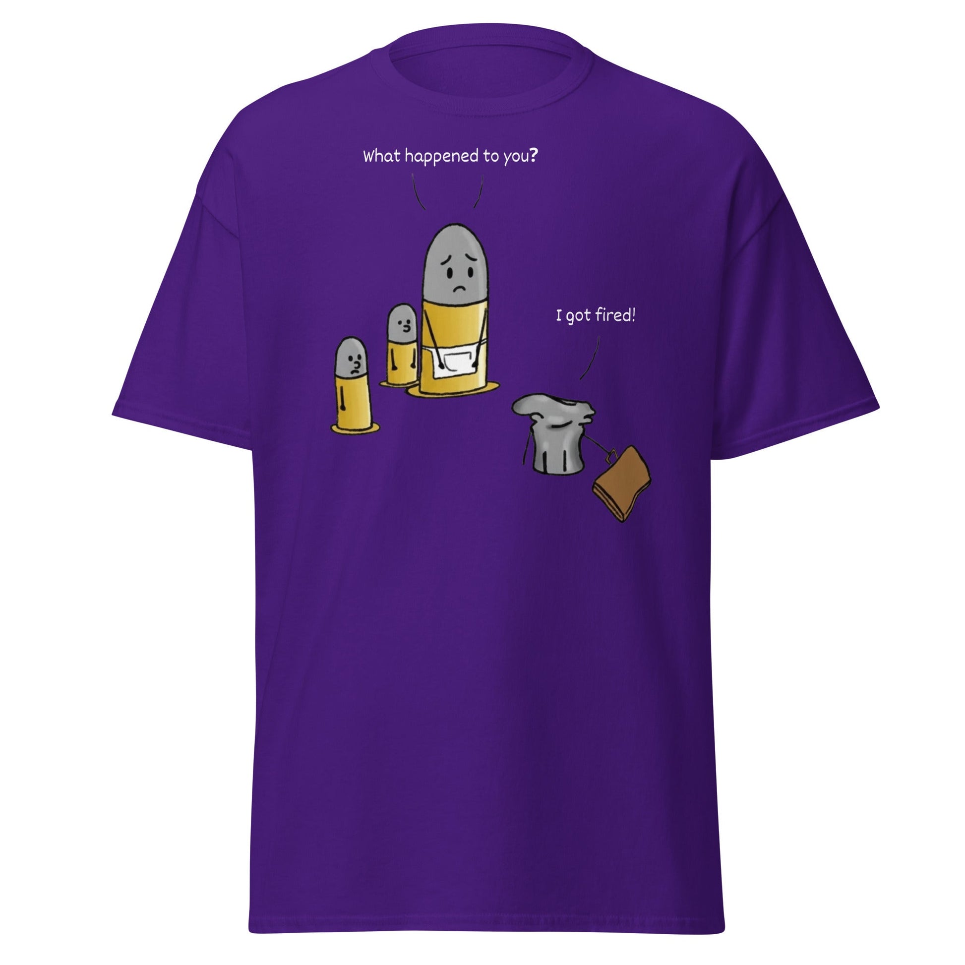 Fired Bullet Pun Funny T-Shirt - Gun Humor Tee - Purple - T-Shirts Online