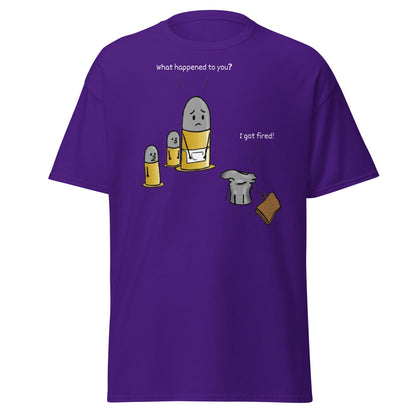 Fired Bullet Pun Funny T-Shirt - Gun Humor Tee - Purple - T-Shirts Online
