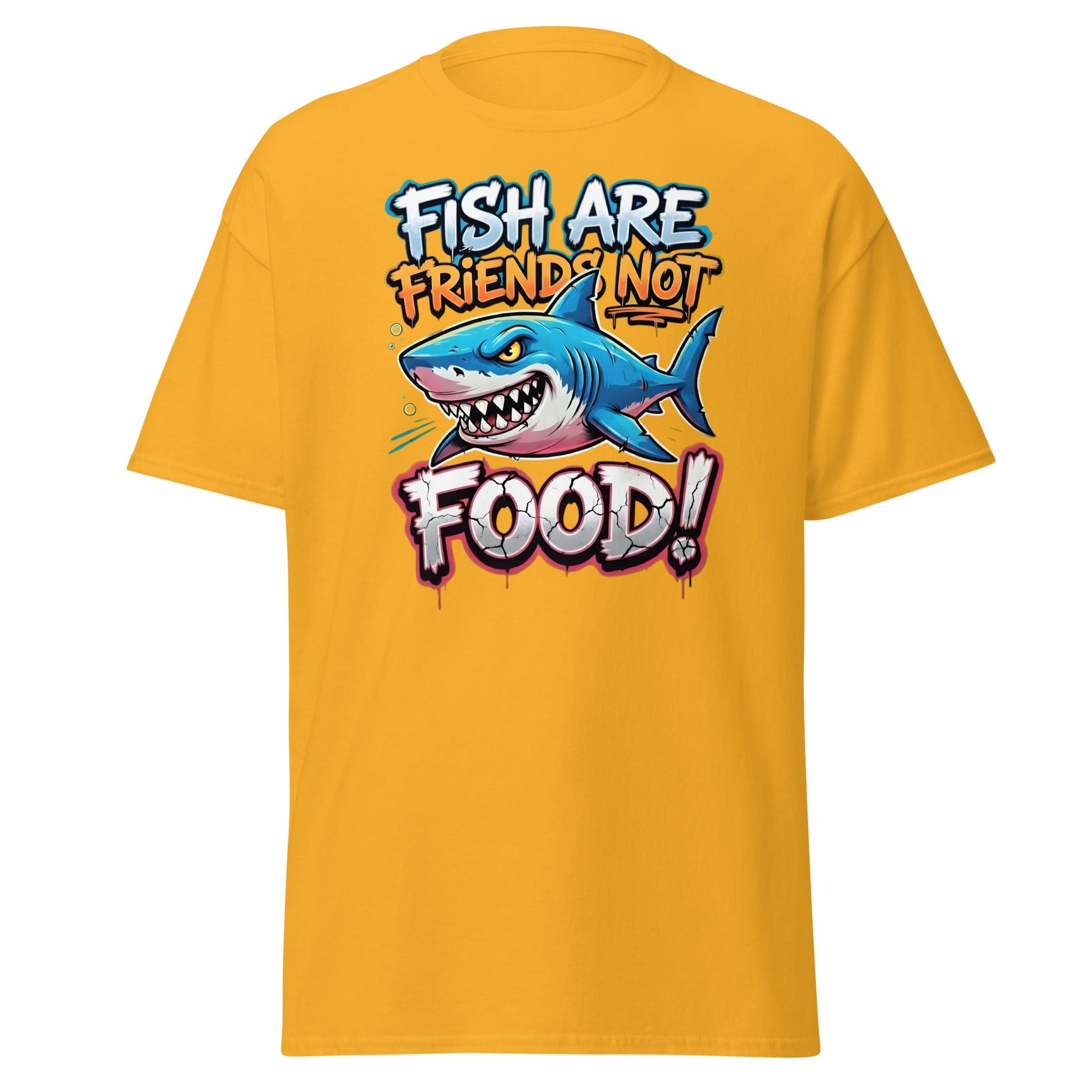 Fish Are Friends Not Food Shark T-Shirt - Gold - T-Shirts Online