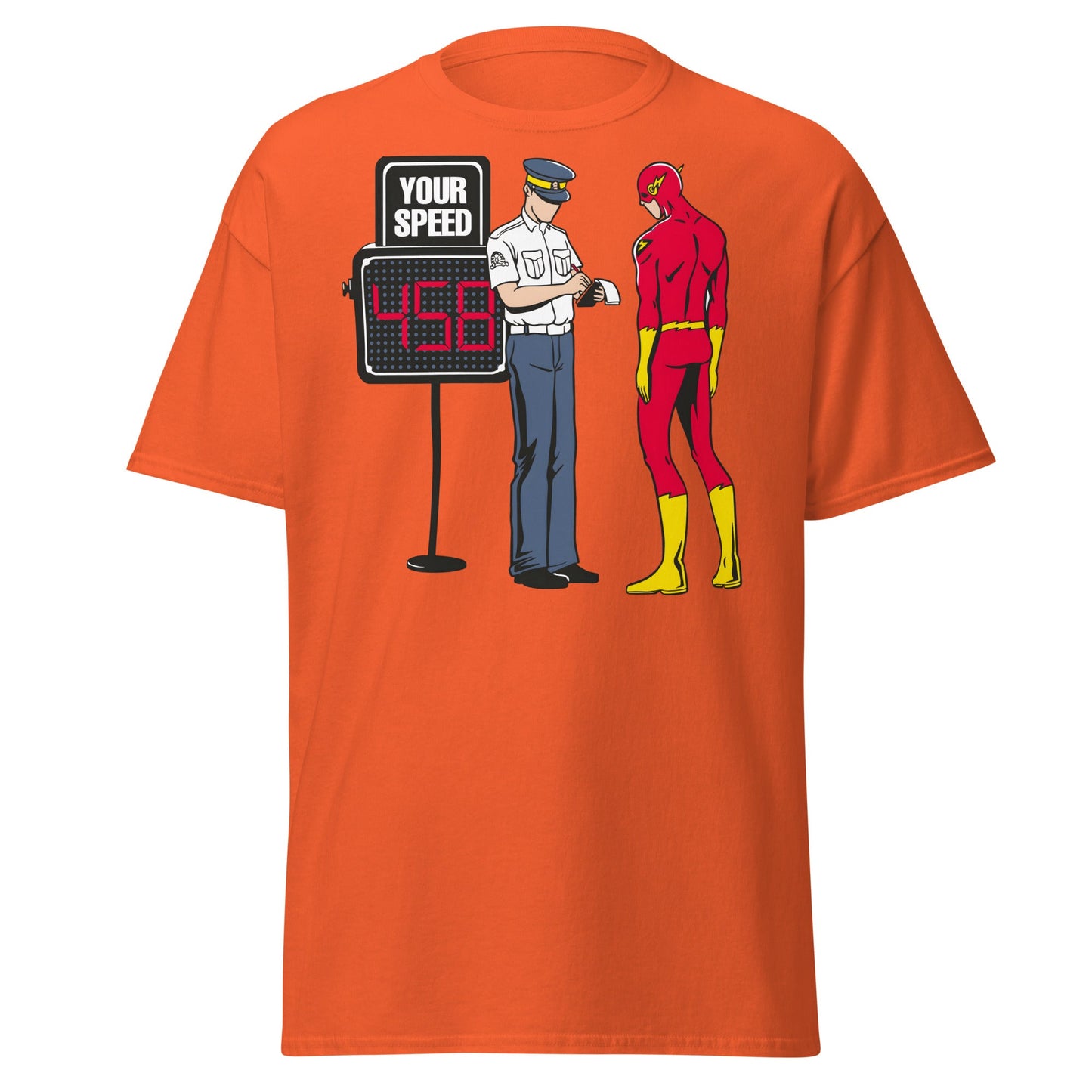 Flash Speeding Ticket T-Shirt - Superhero Humor Tee - Orange - T-Shirts Online