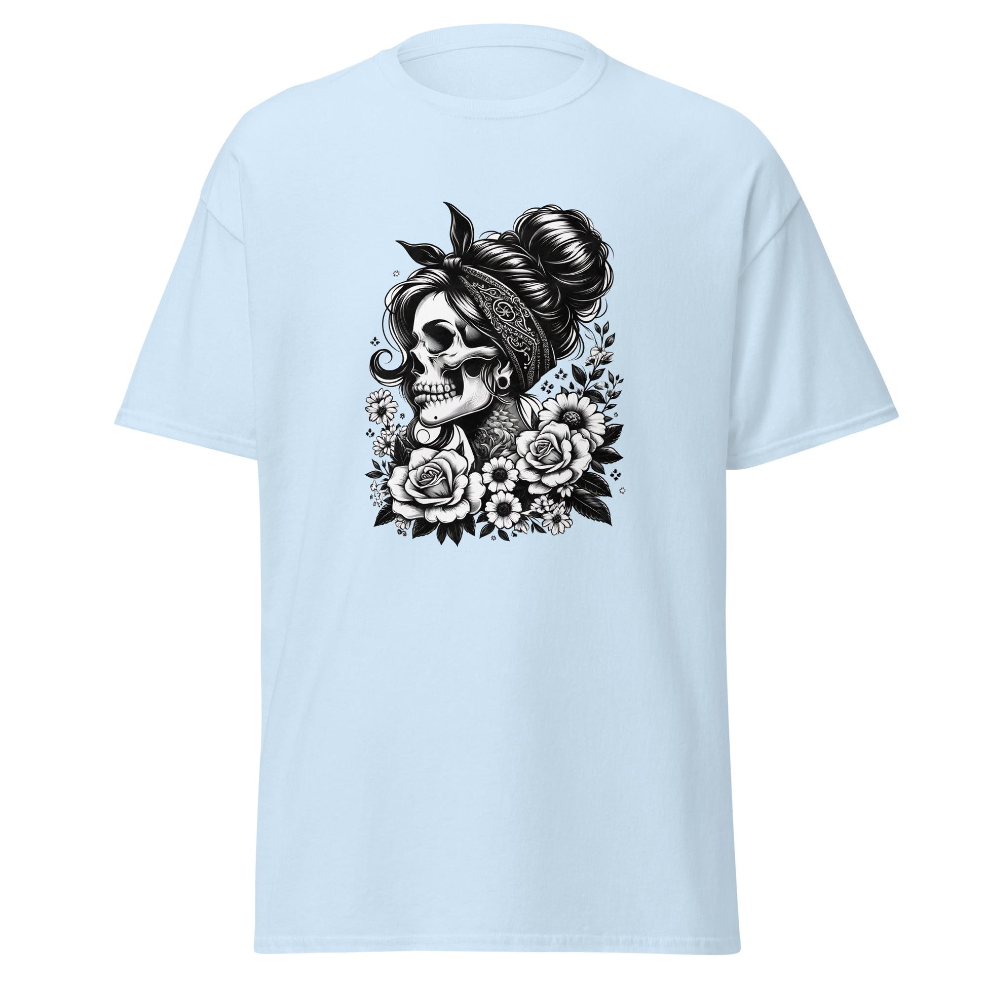 Floral Skull | Skull T-Shirt - Light Blue - T-Shirts Online