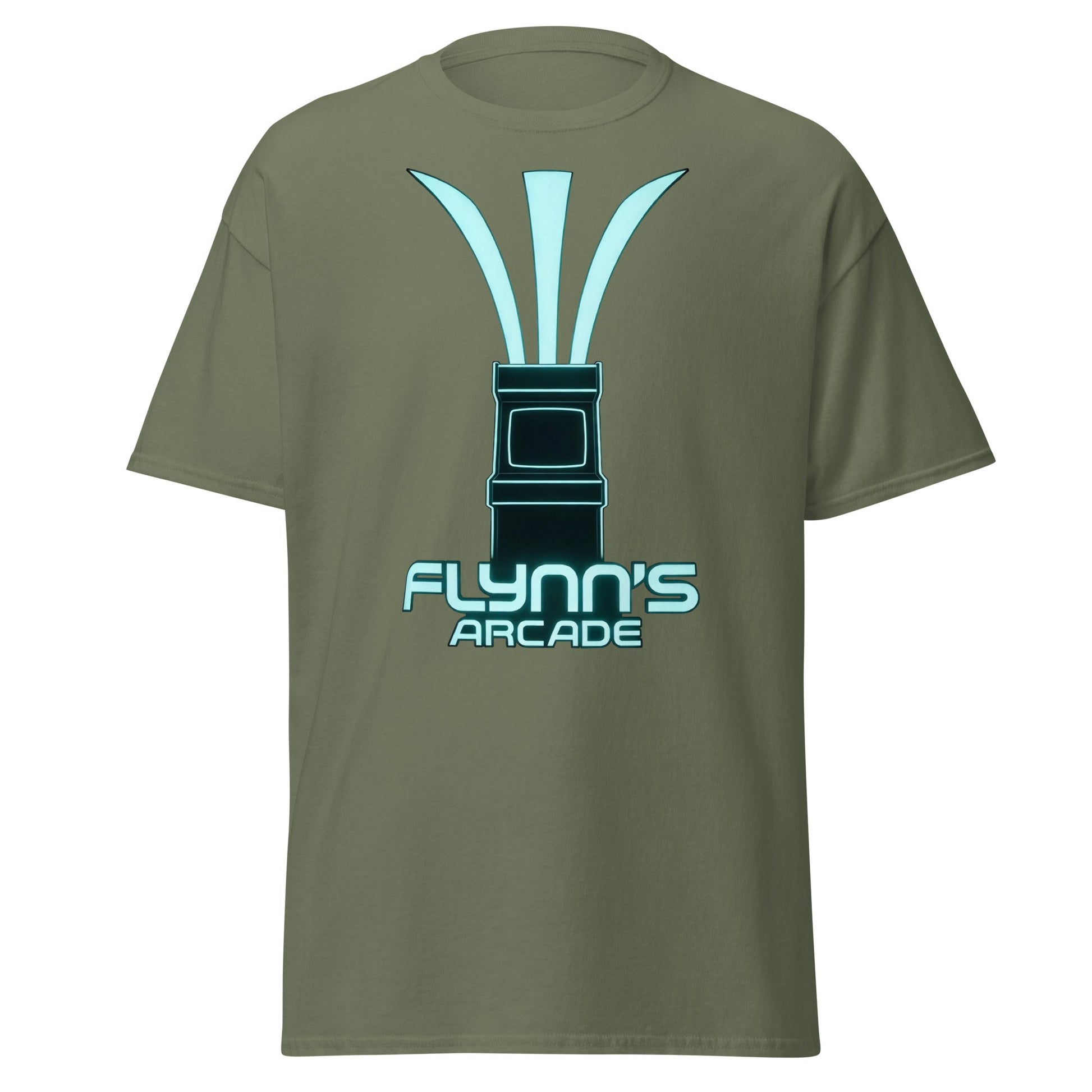 Flynn's Arcade T-Shirt | Retro Neon Glow Gaming Tee - Military Green - T-Shirts Online