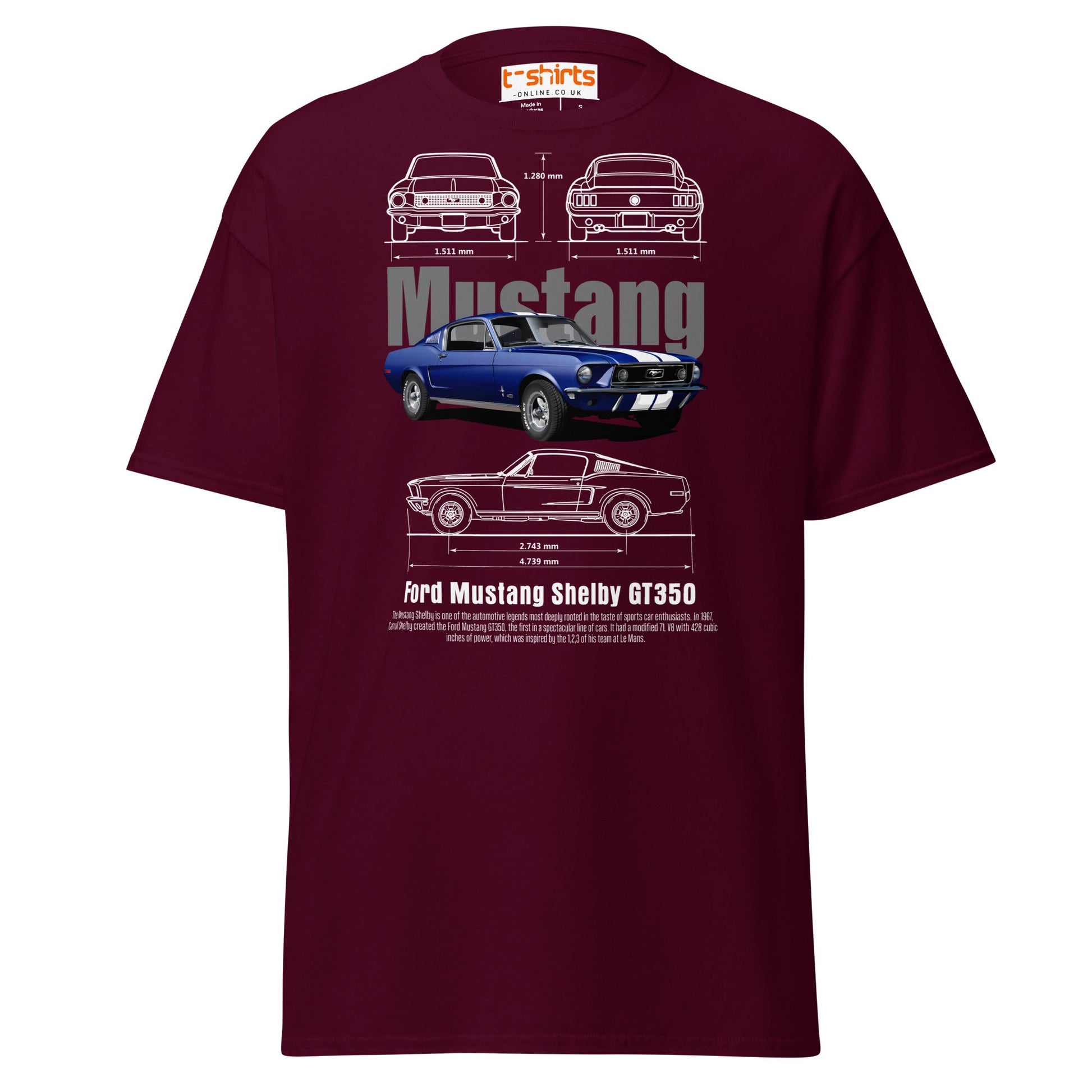 Ford Mustang Shelby GT350 Blueprint T-Shirt - Maroon - T-Shirts Online