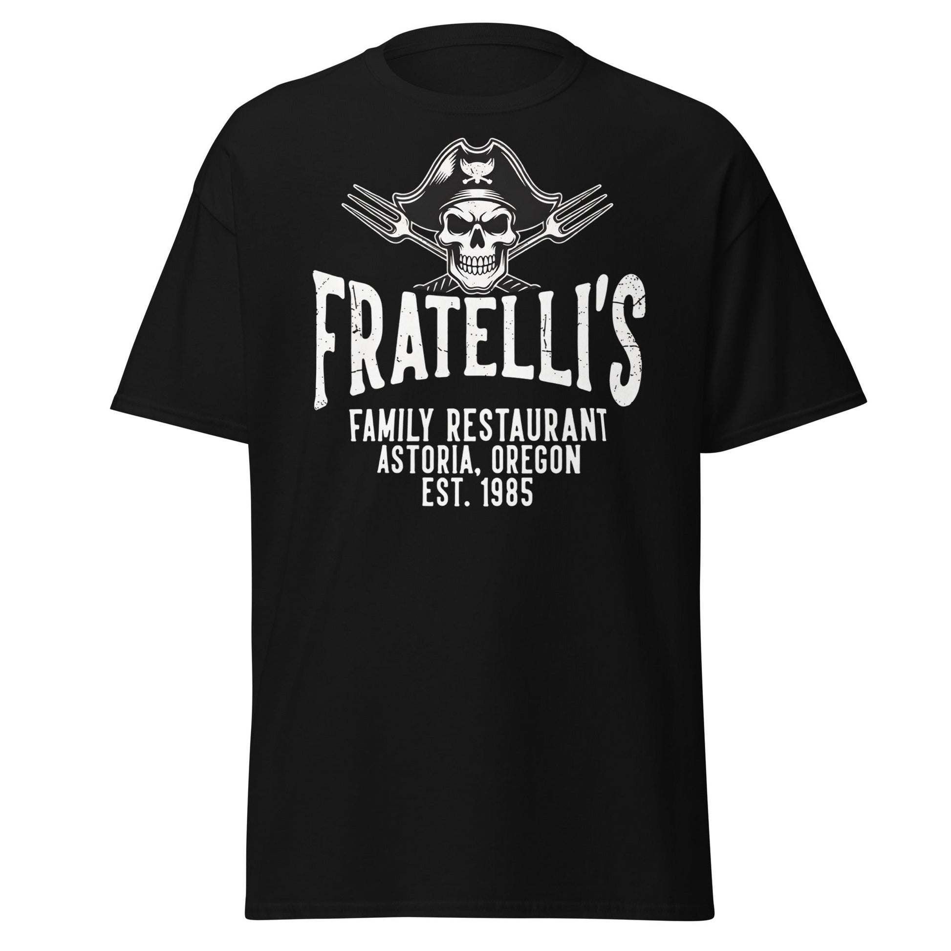 Fratelli's Astoria Oregon 1985 Pirate Skull T-Shirt - Black - T-Shirts Online
