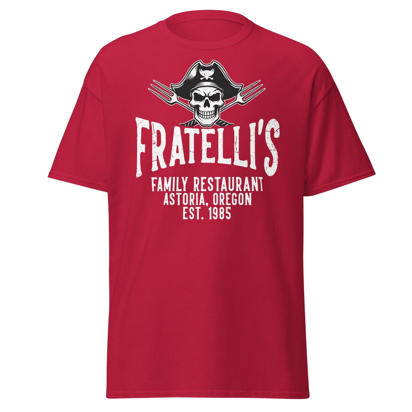 Fratelli's Astoria Oregon 1985 Pirate Skull T-Shirt - Cardinal - T-Shirts Online