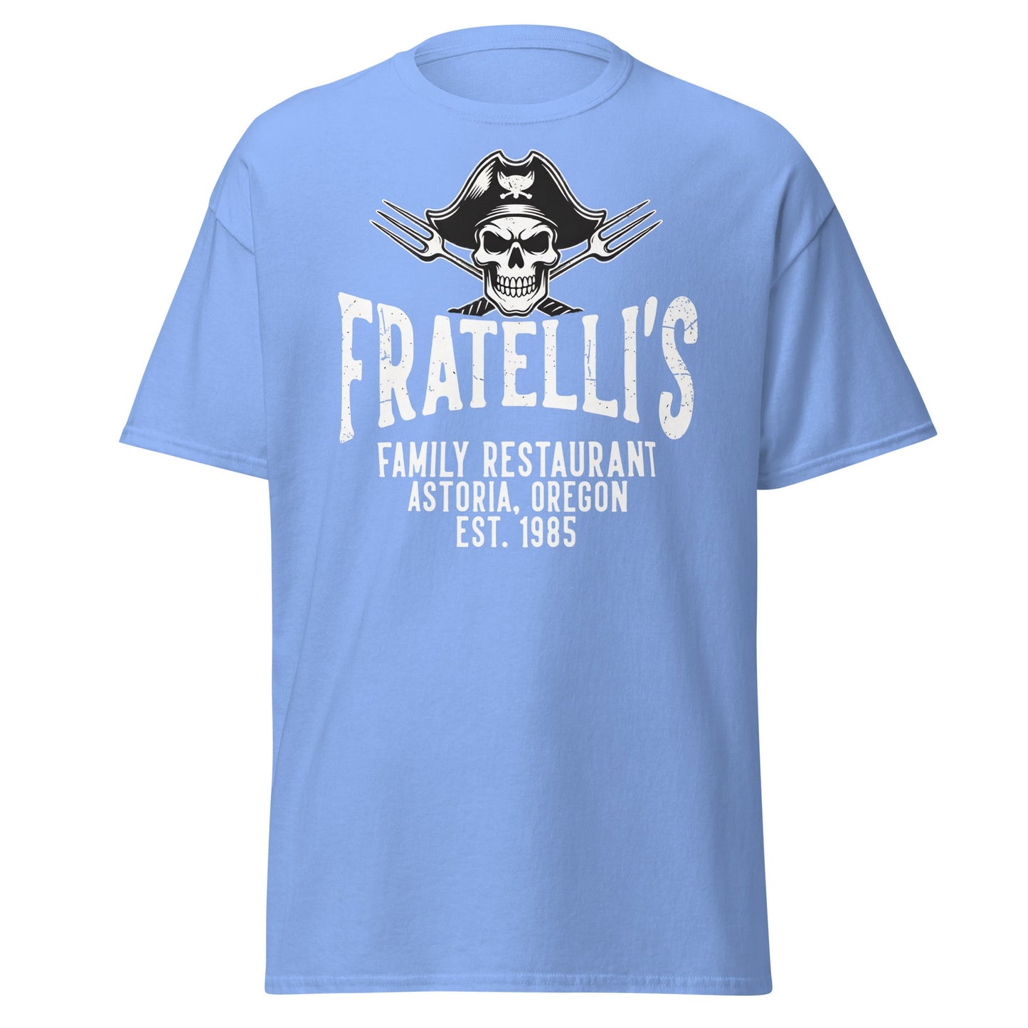 Fratelli's Astoria Oregon 1985 Pirate Skull T-Shirt - Carolina Blue - T-Shirts Online