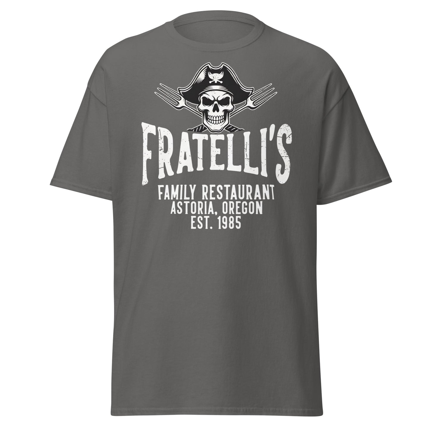 Fratelli's Astoria Oregon 1985 Pirate Skull T-Shirt - Charcoal - T-Shirts Online