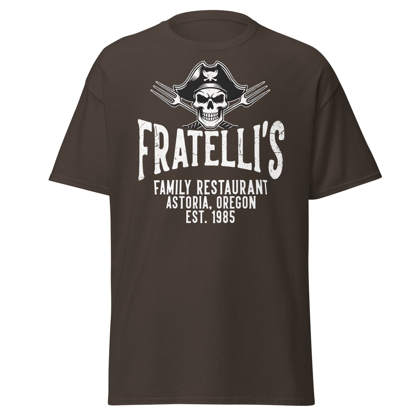 Fratelli's Astoria Oregon 1985 Pirate Skull T-Shirt - Dark Chocolate - T-Shirts Online