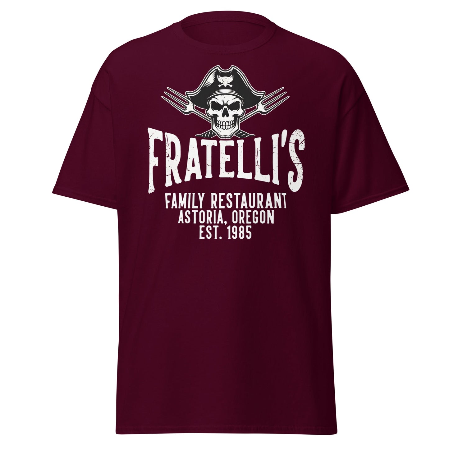 Fratelli's Astoria Oregon 1985 Pirate Skull T-Shirt - Maroon - T-Shirts Online