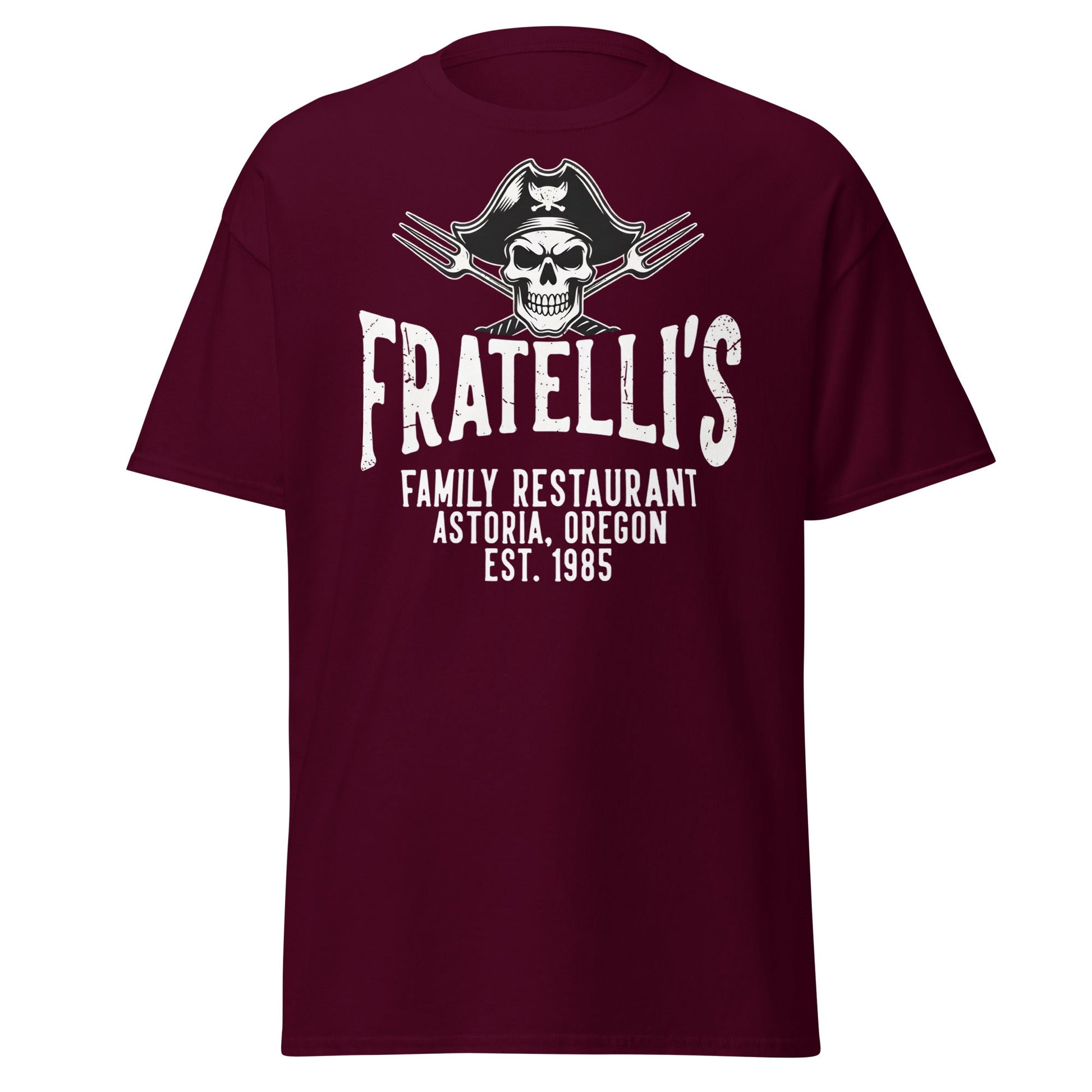 Fratelli's Astoria Oregon 1985 Pirate Skull T-Shirt - Maroon - T-Shirts Online
