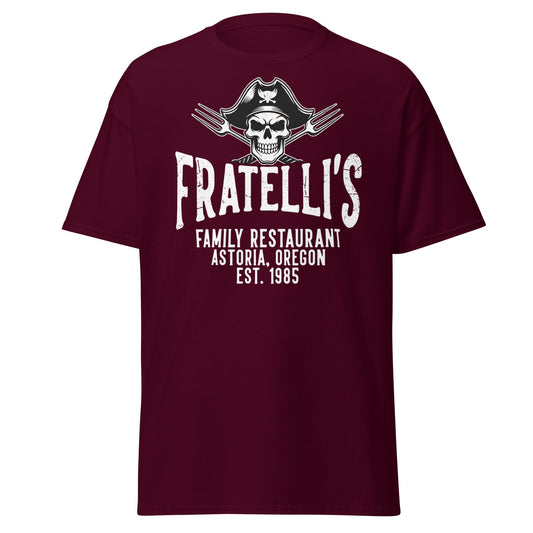 Fratelli's Astoria Oregon 1985 Pirate Skull T-Shirt - Maroon - T-Shirts Online