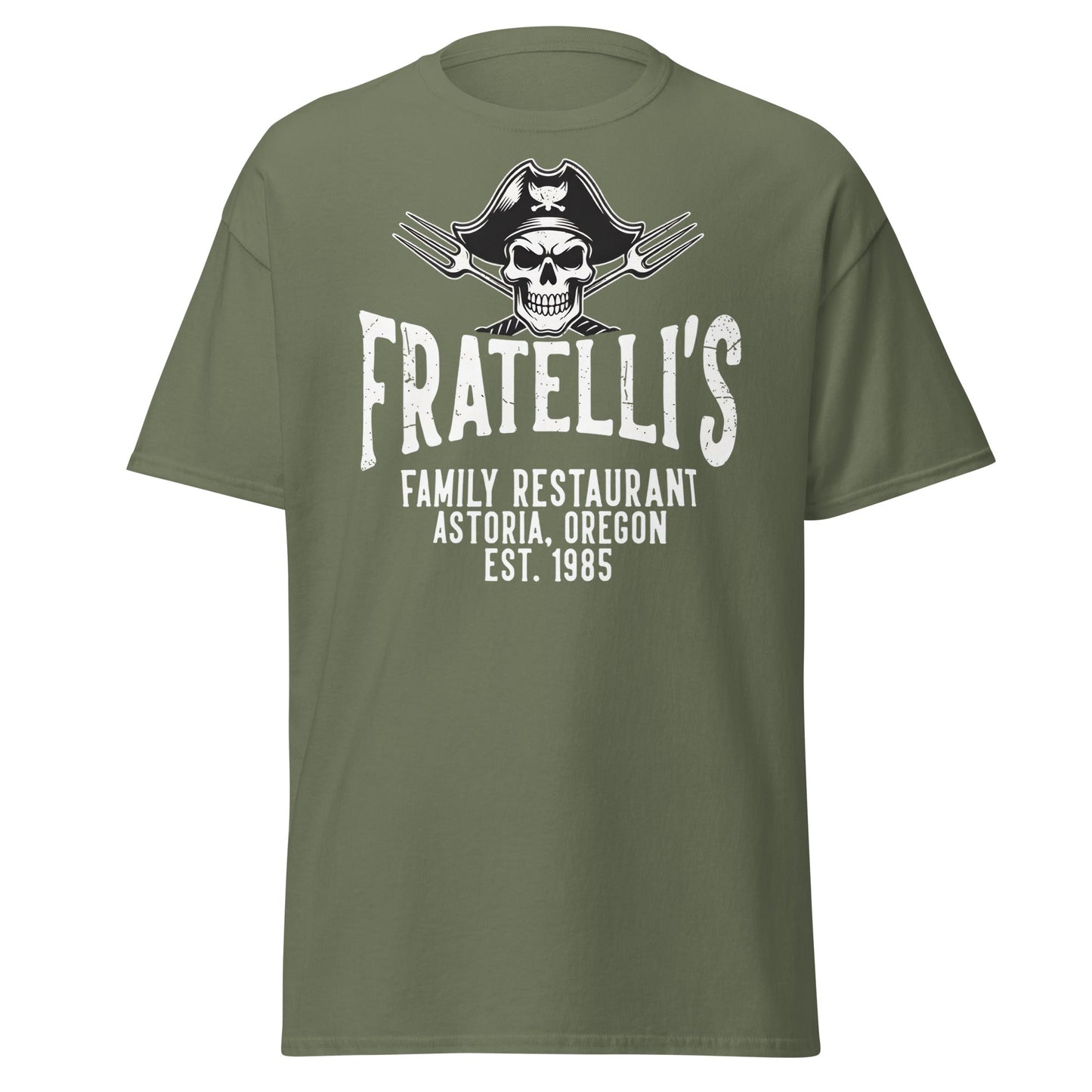 Fratelli's Astoria Oregon 1985 Pirate Skull T-Shirt - Military Green - T-Shirts Online