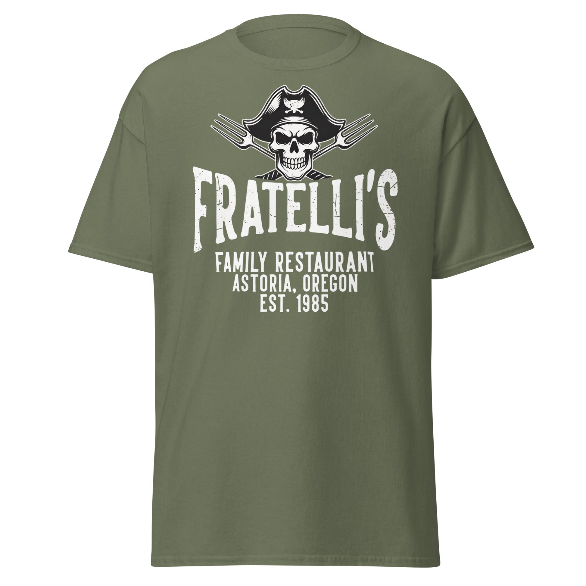 Fratelli's Astoria Oregon 1985 Pirate Skull T-Shirt - Military Green - T-Shirts Online