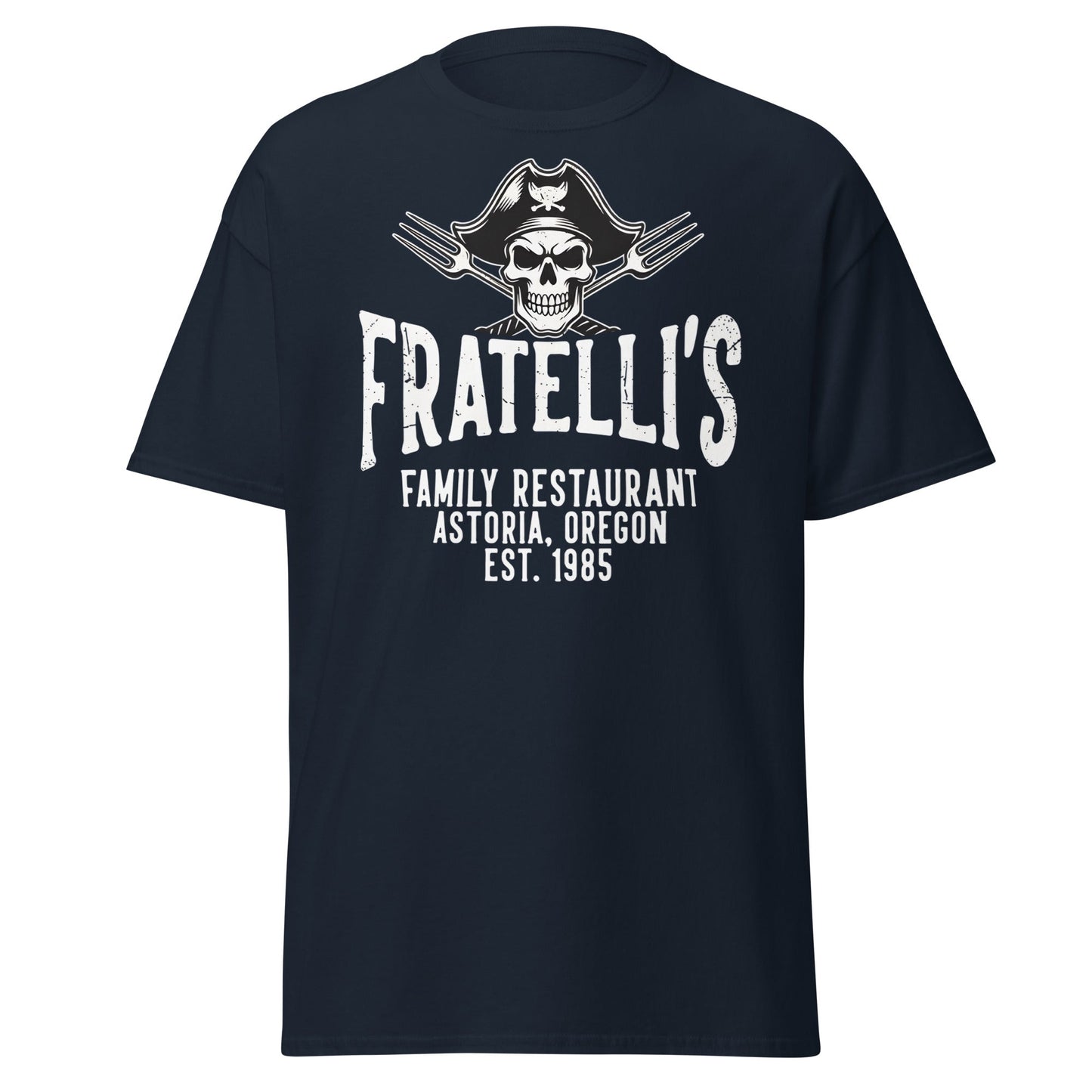 Fratelli's Astoria Oregon 1985 Pirate Skull T-Shirt - Navy - T-Shirts Online