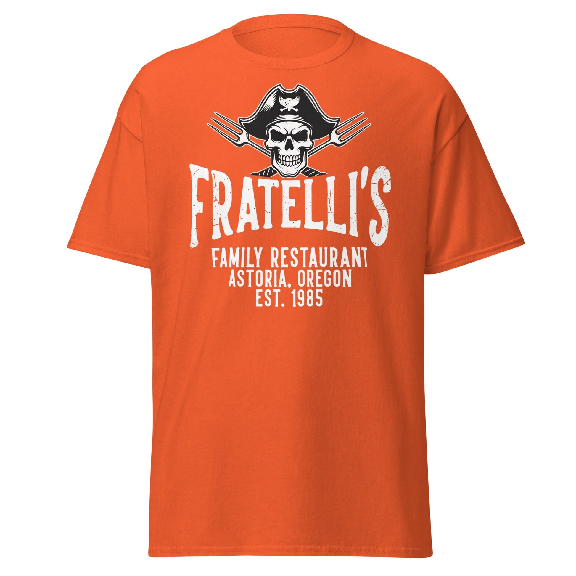 Fratelli's Astoria Oregon 1985 Pirate Skull T-Shirt - Orange - T-Shirts Online