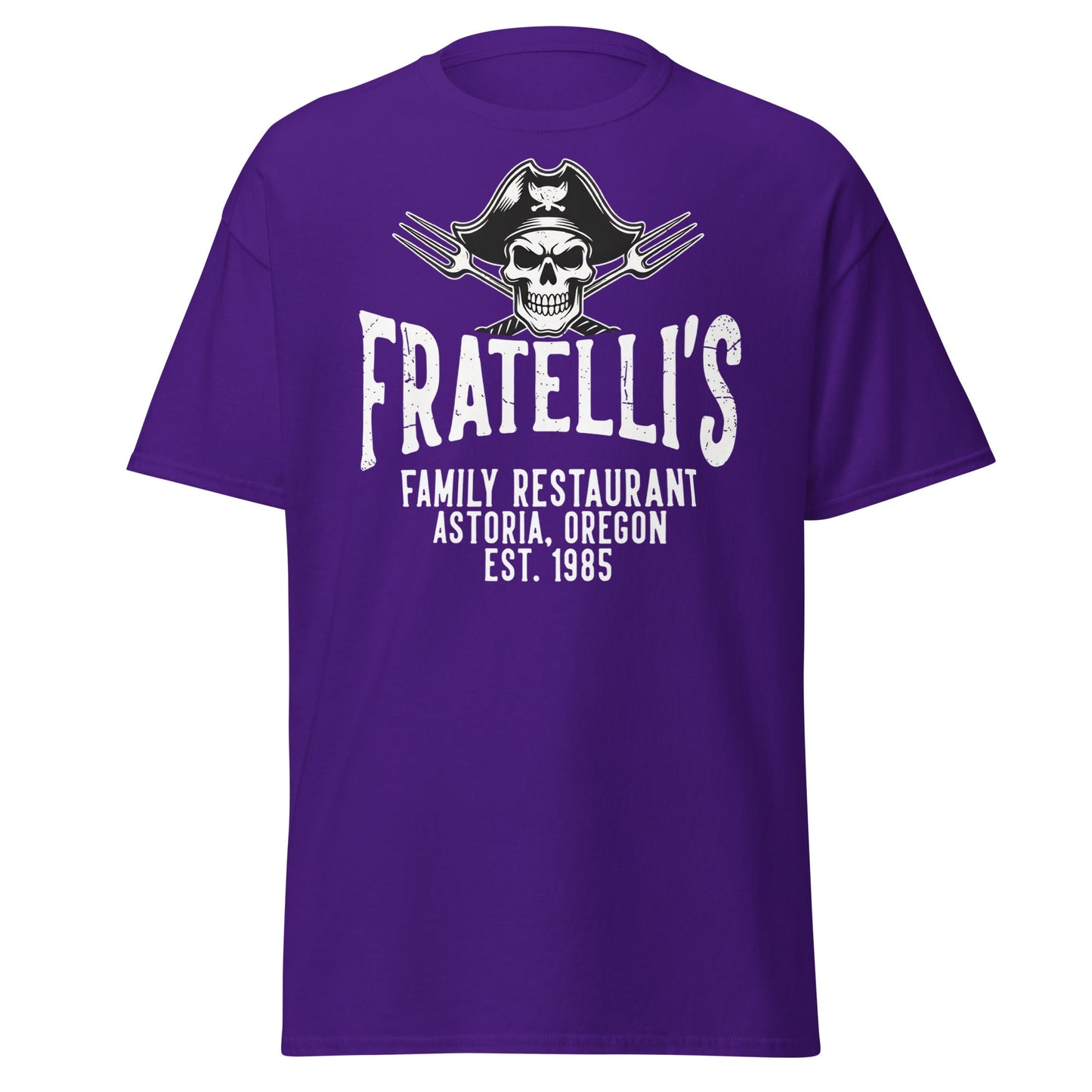 Fratelli's Astoria Oregon 1985 Pirate Skull T-Shirt - Purple - T-Shirts Online