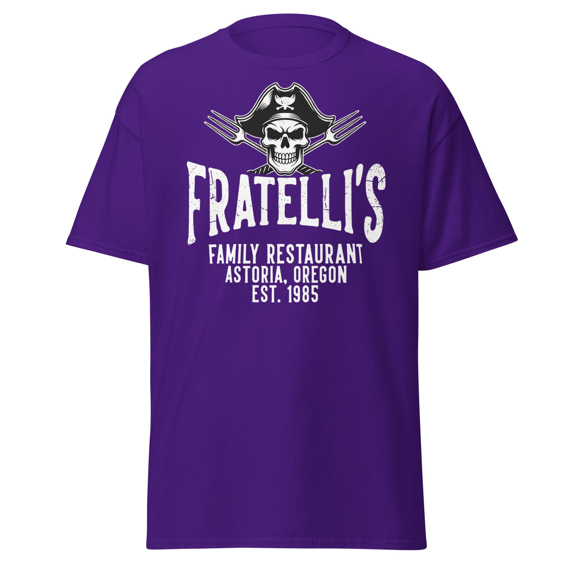 Fratelli's Astoria Oregon 1985 Pirate Skull T-Shirt - Purple - T-Shirts Online