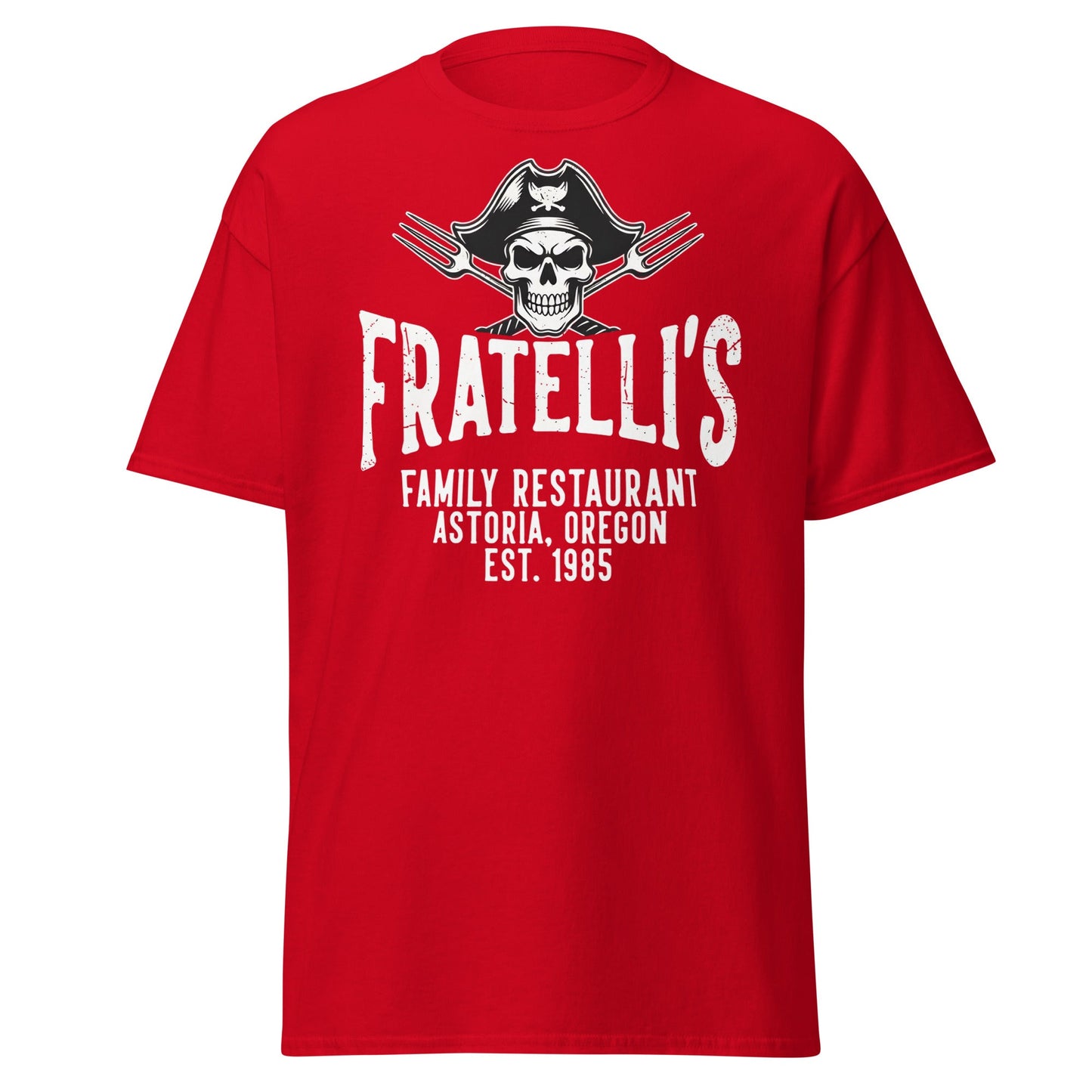 Fratelli's Astoria Oregon 1985 Pirate Skull T-Shirt - Red - T-Shirts Online
