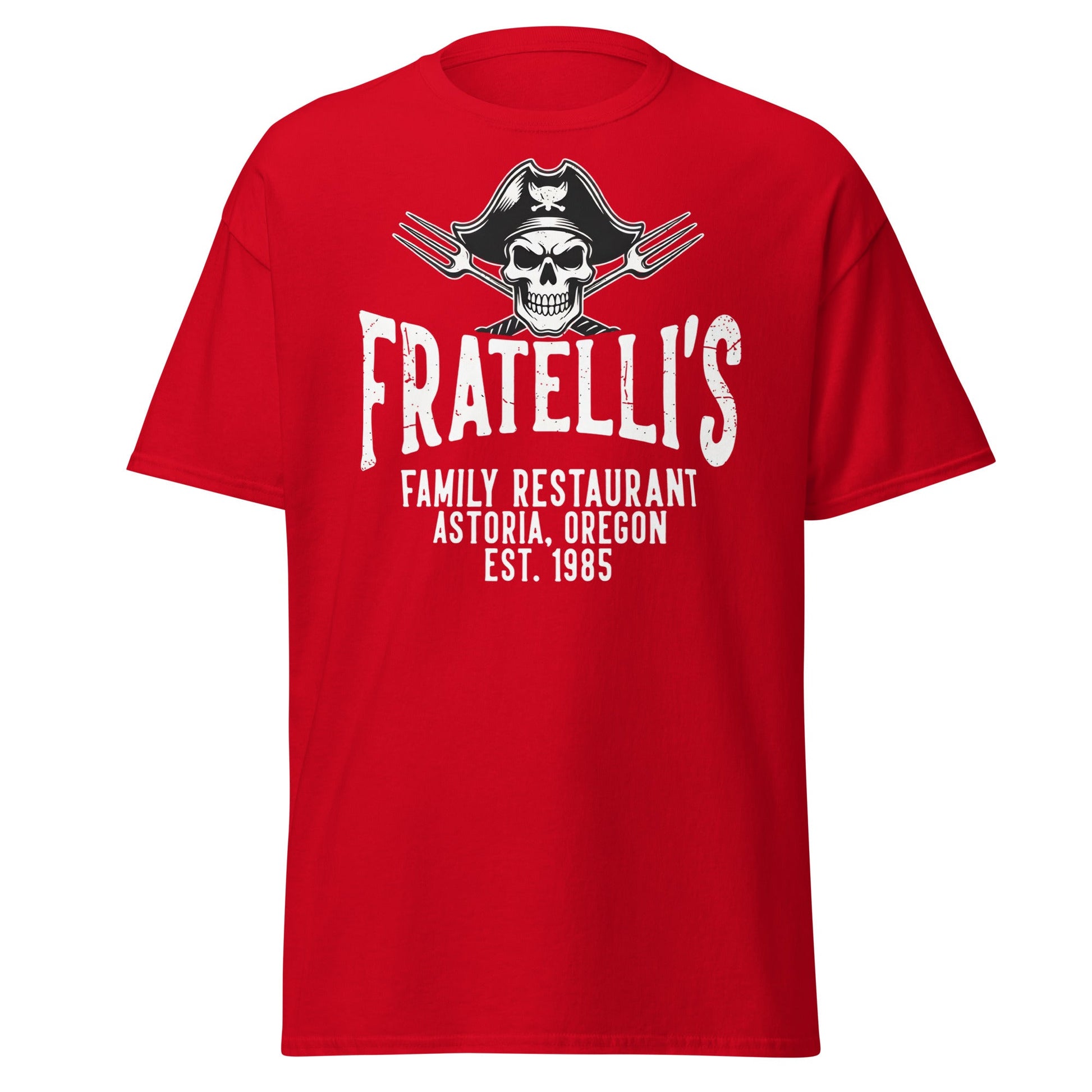Fratelli's Astoria Oregon 1985 Pirate Skull T-Shirt - Red - T-Shirts Online