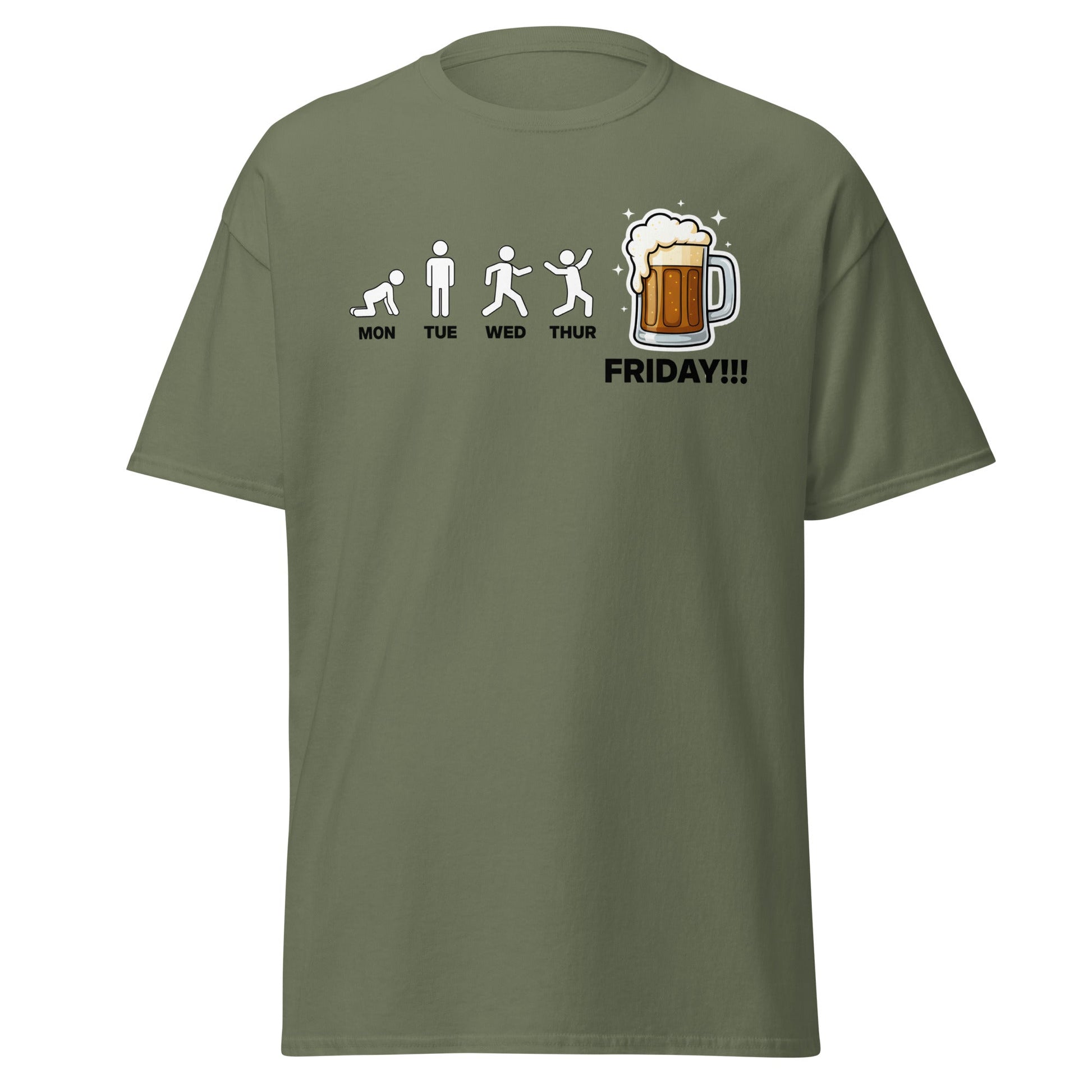 Friday Beer Evolution T-Shirt – Funny Workweek Humor Tee - Military Green - T-Shirts Online