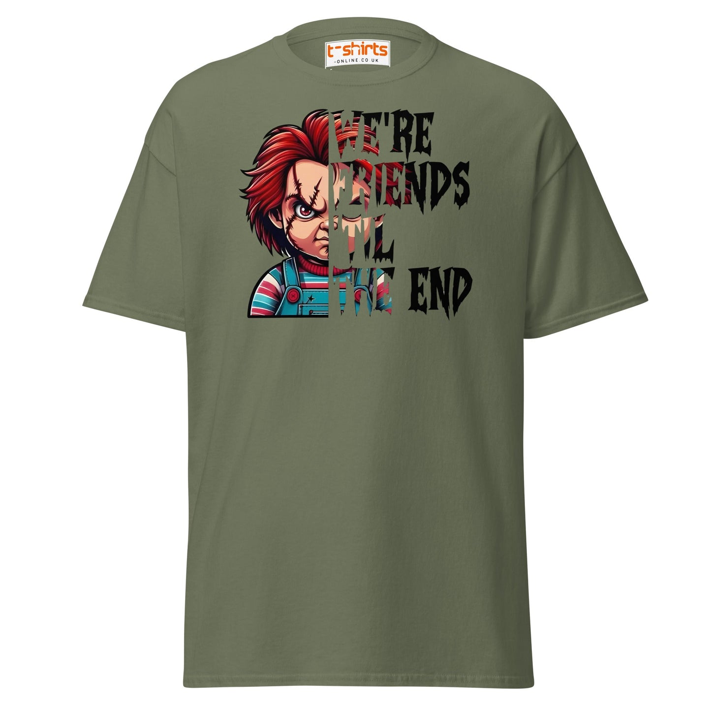 Friends Til The End T-Shirt | Creepy Doll Horror Tee - Military Green - T-Shirts Online