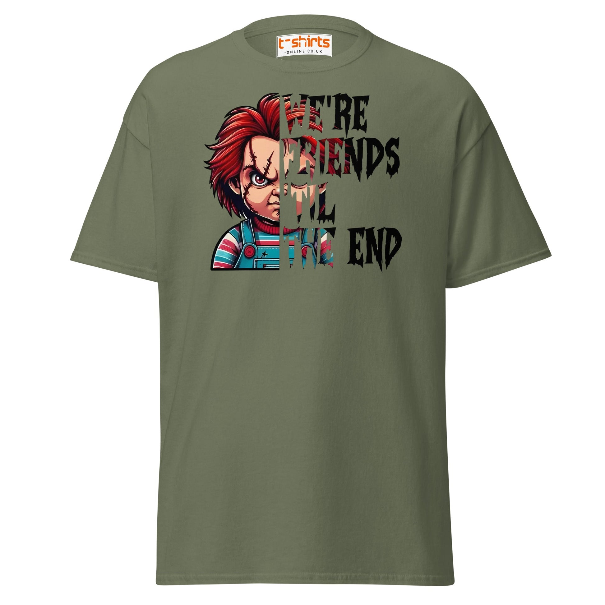 Friends Til The End T-Shirt | Creepy Doll Horror Tee - Military Green - T-Shirts Online