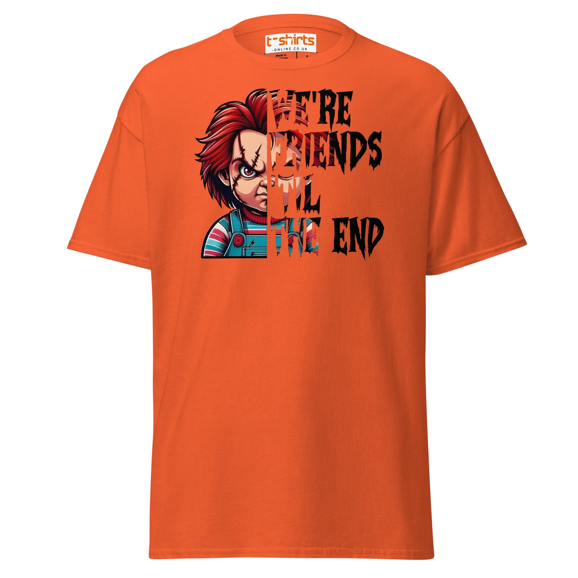 Friends Til The End T-Shirt | Creepy Doll Horror Tee - Orange - T-Shirts Online