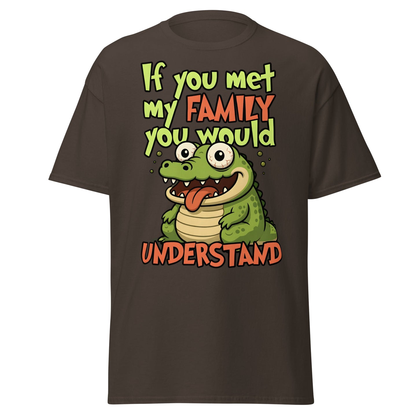 Funny Alligator Family Humor T-Shirt | Relatable Chaos Tee - Dark Chocolate - T-Shirts Online