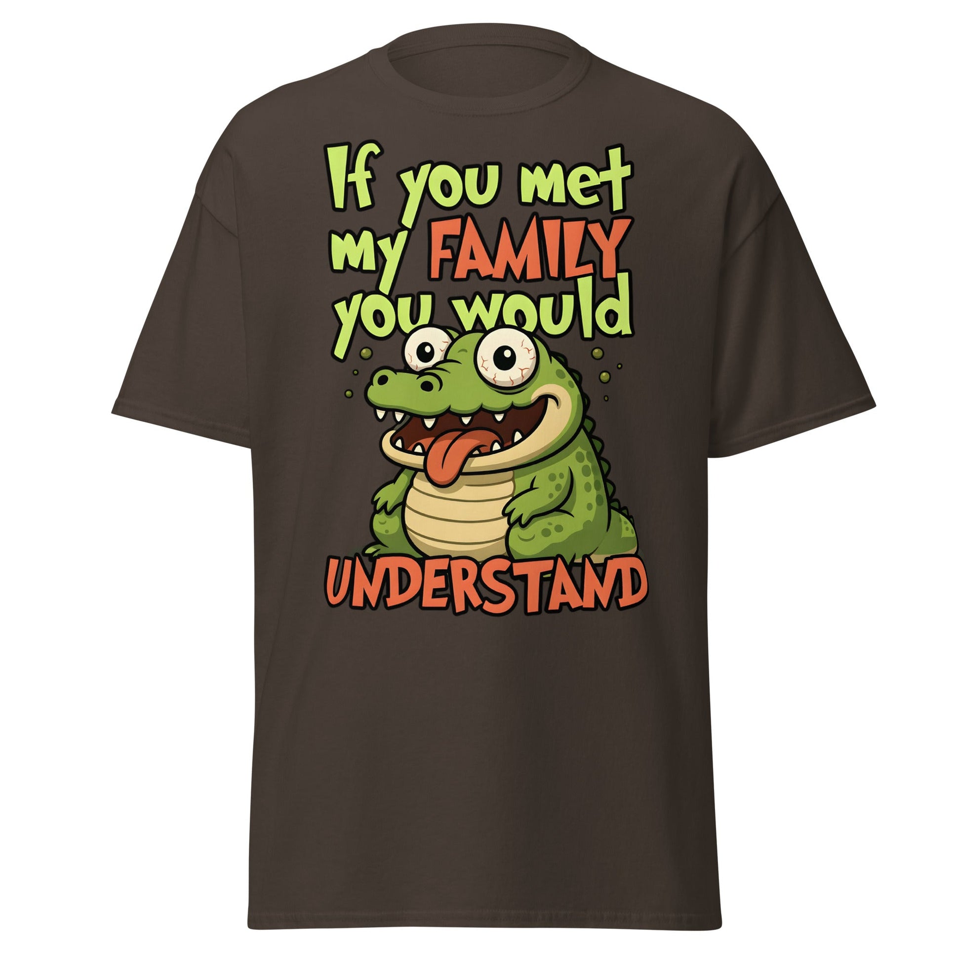 Funny Alligator Family Humor T-Shirt | Relatable Chaos Tee - Dark Chocolate - T-Shirts Online