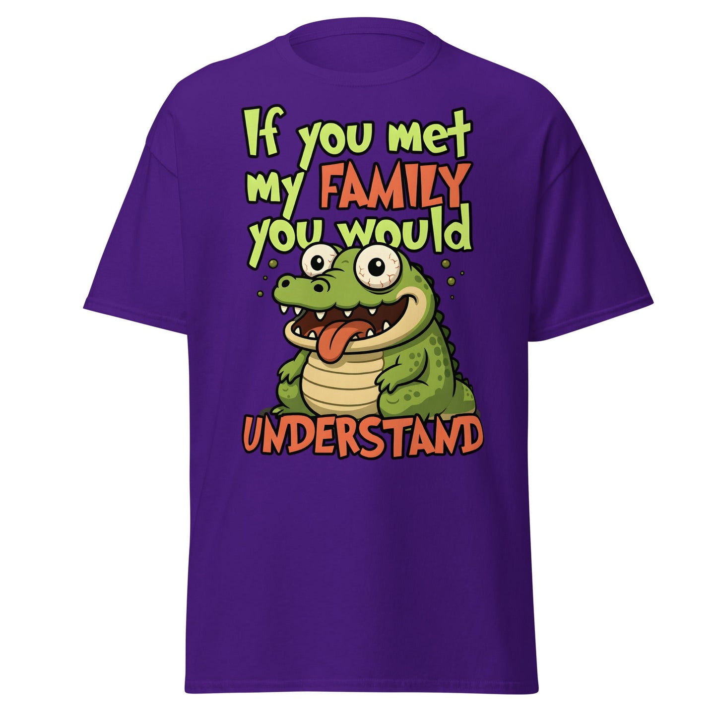 Funny Alligator Family Humor T-Shirt | Relatable Chaos Tee - Purple - T-Shirts Online