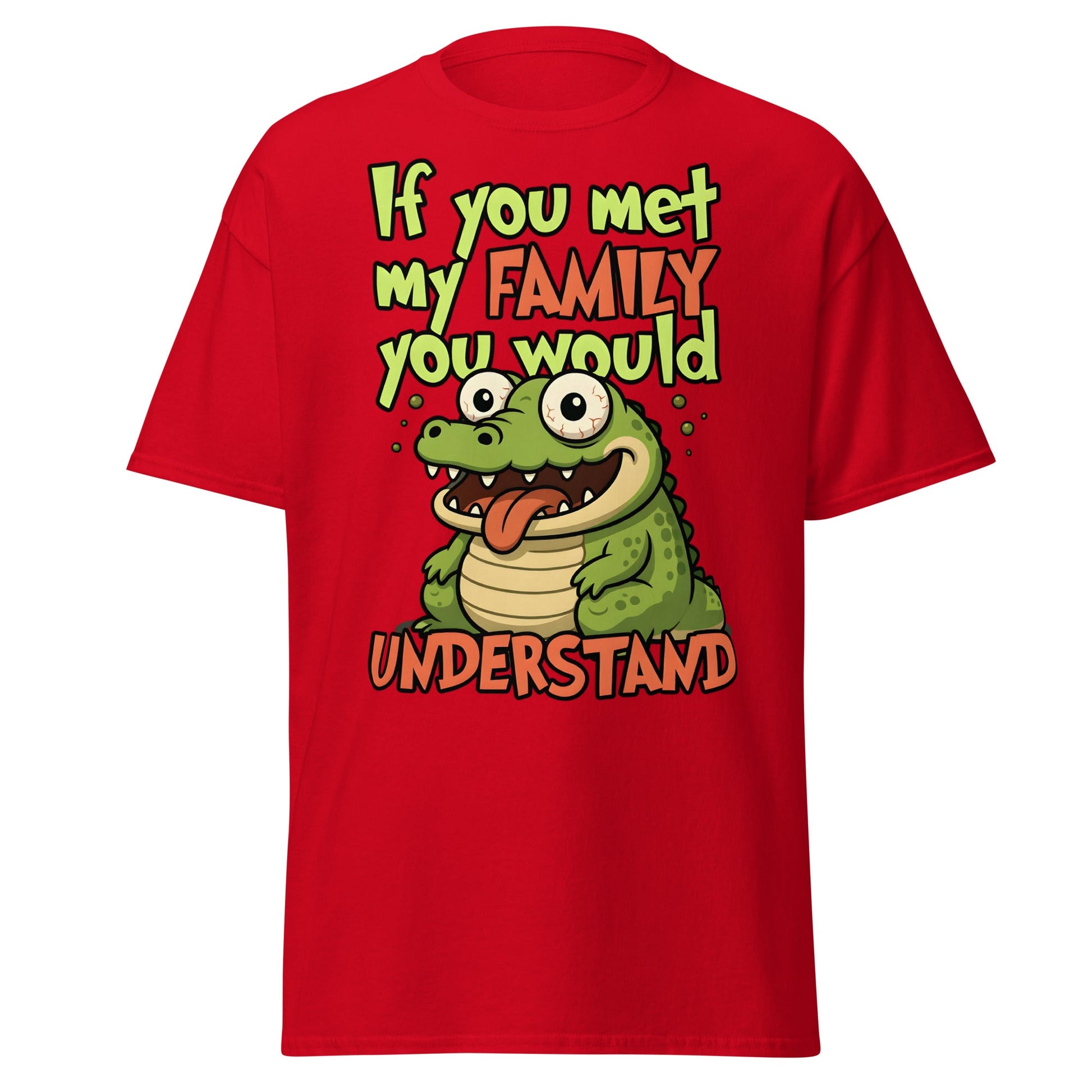 Funny Alligator Family Humor T-Shirt | Relatable Chaos Tee - Red - T-Shirts Online