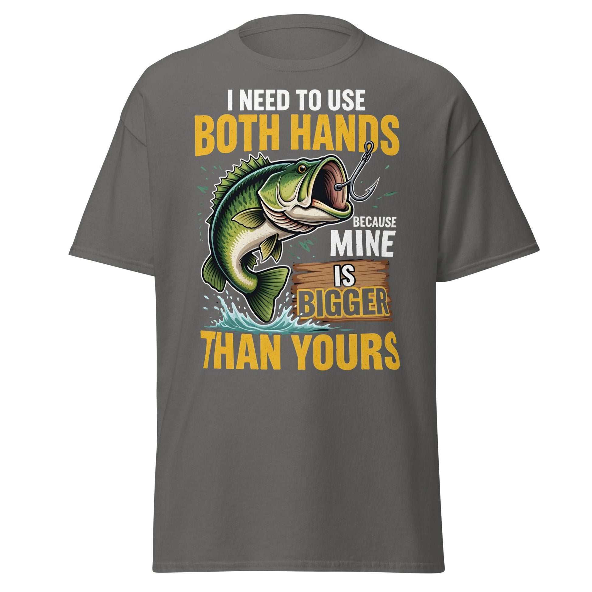 Funny Bass Fishing T-Shirt - Both Hands Bigger Than Yours - Charcoal - T-Shirts Online