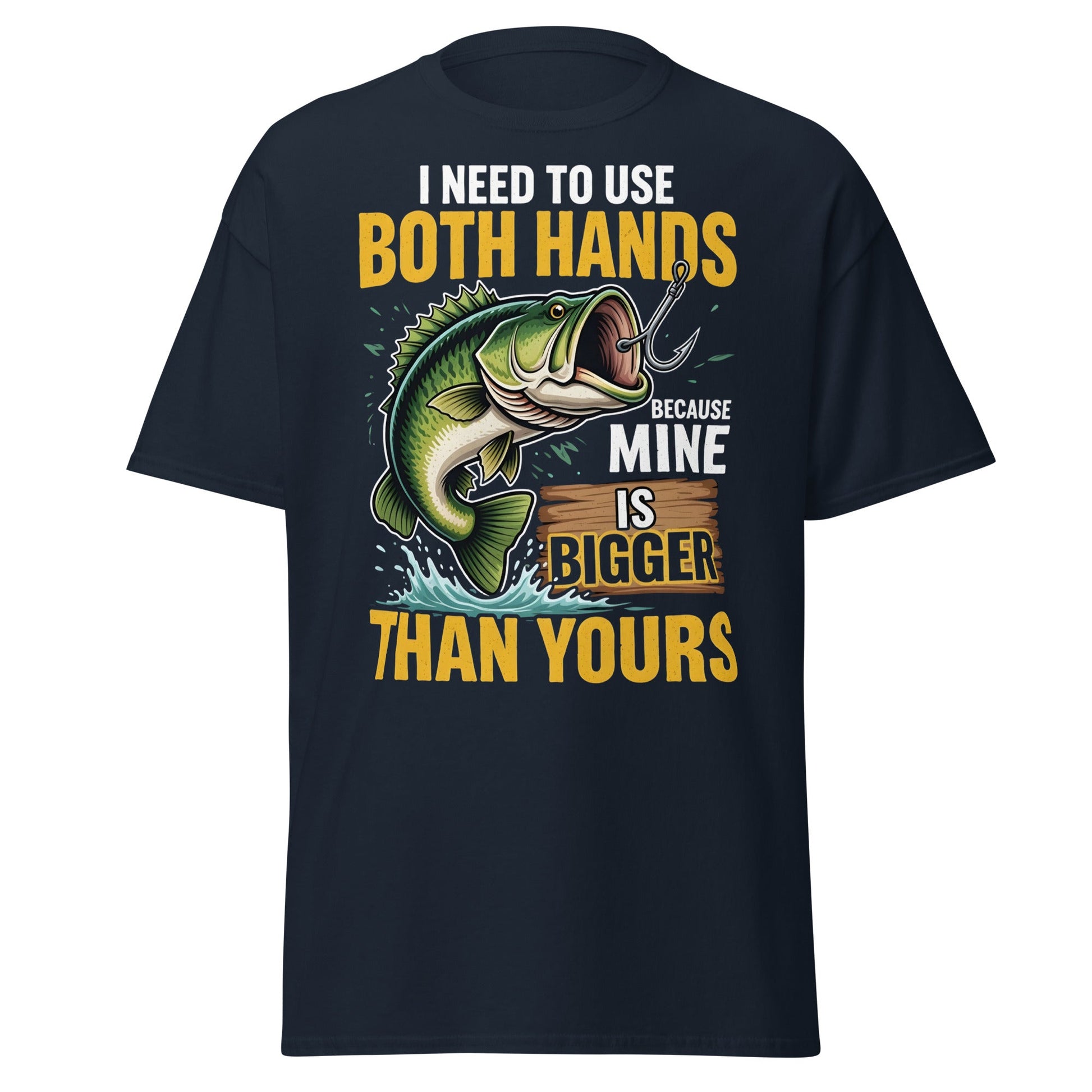 Funny Bass Fishing T-Shirt - Both Hands Bigger Than Yours - Navy - T-Shirts Online