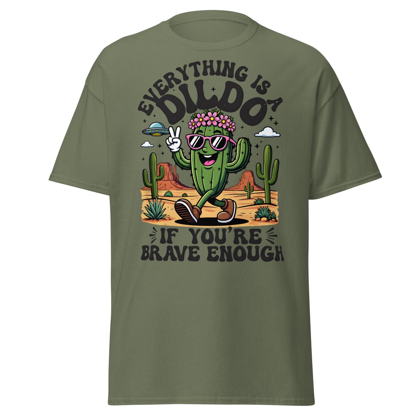 Funny Brave Cactus T-Shirt - Adult Humor Desert Graphic Tee - Military Green - T-Shirts Online