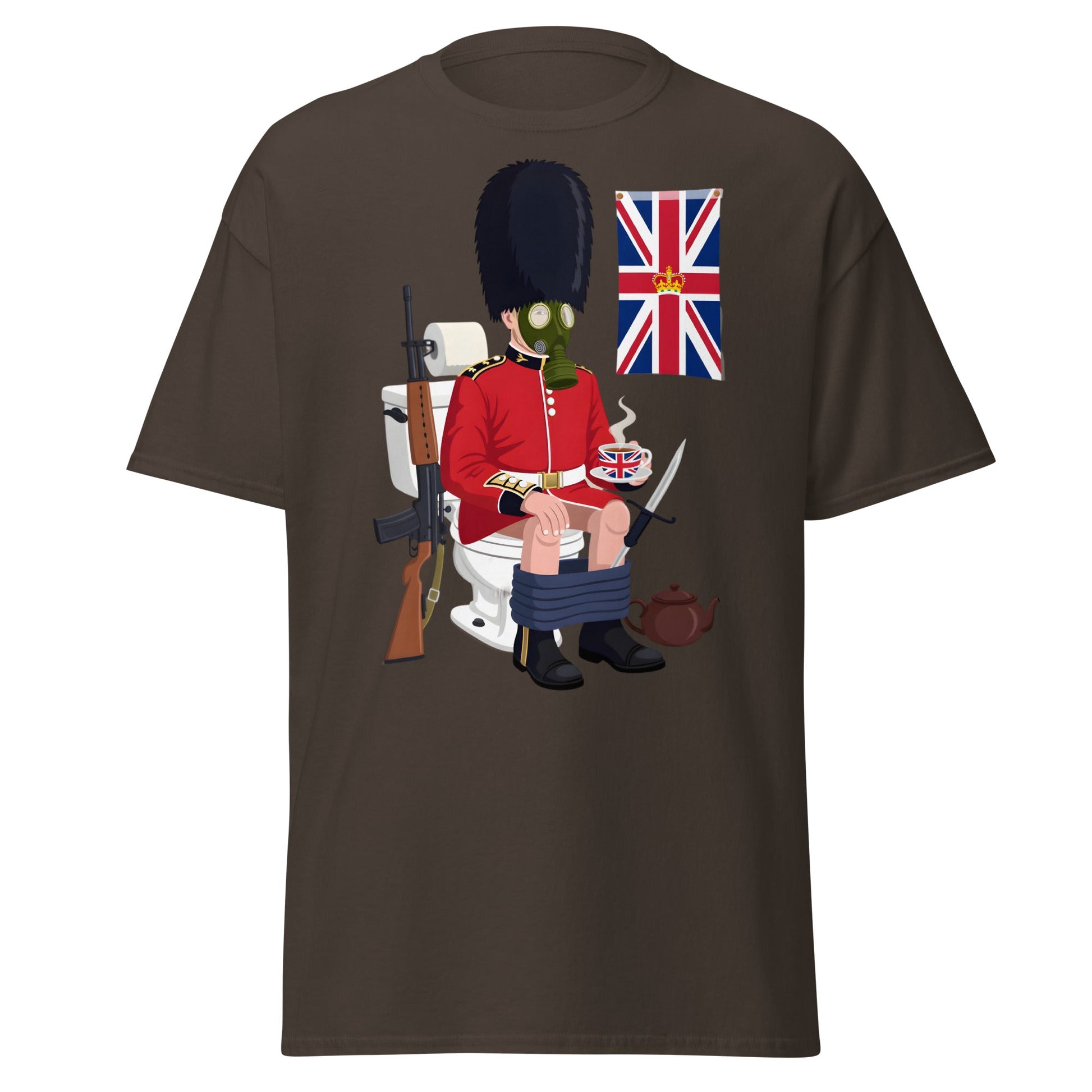 Funny British Guard Toilet T-Shirt | Satirical UK Humor Tee - Dark Chocolate - T-Shirts Online
