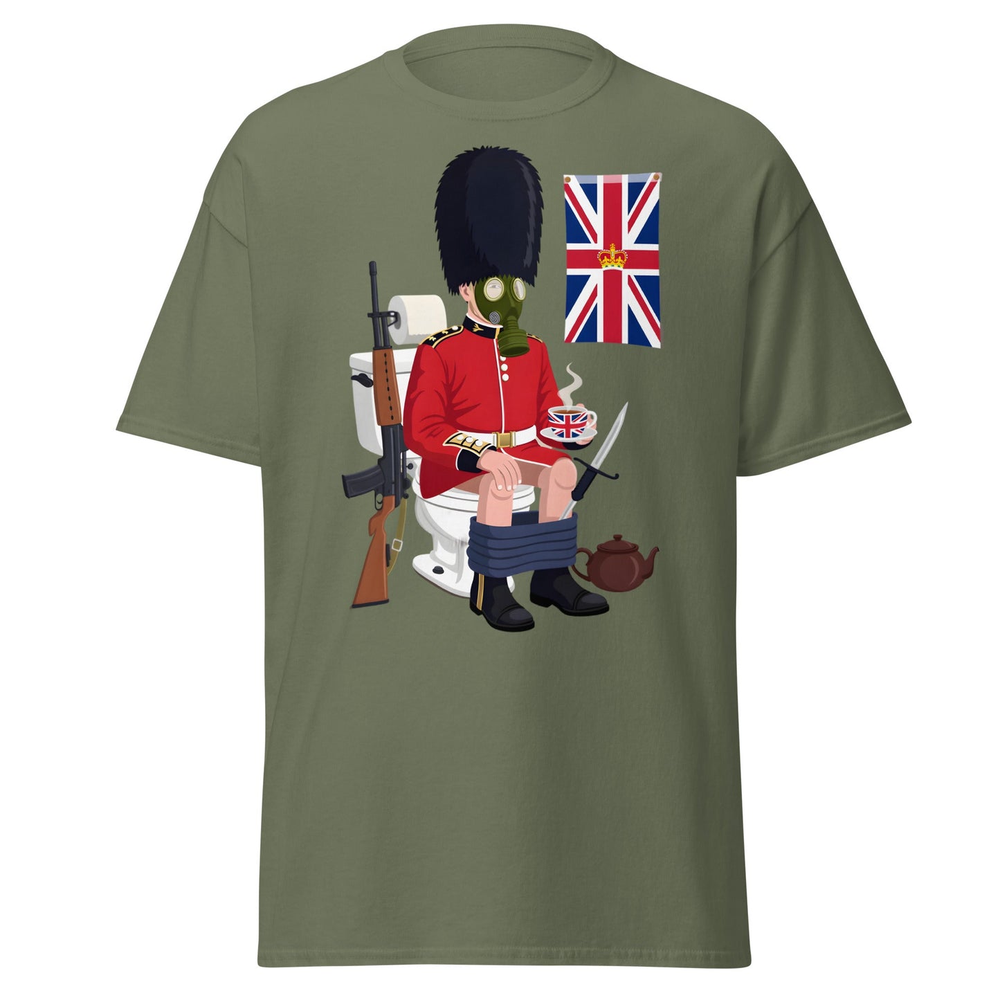 Funny British Guard Toilet T-Shirt | Satirical UK Humor Tee - Military Green - T-Shirts Online