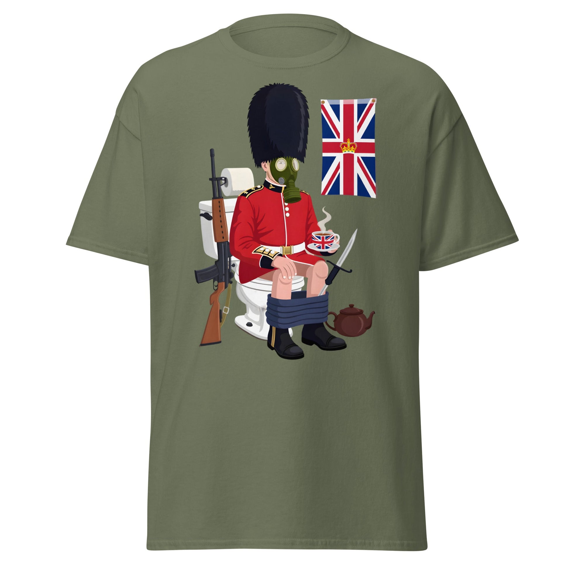 Funny British Guard Toilet T-Shirt | Satirical UK Humor Tee - Military Green - T-Shirts Online