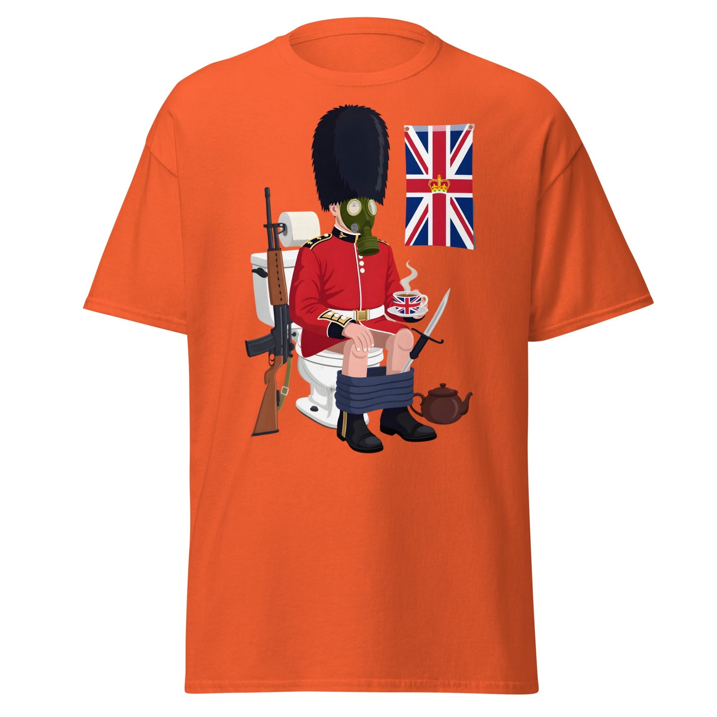 Funny British Guard Toilet T-Shirt | Satirical UK Humor Tee - Orange - T-Shirts Online