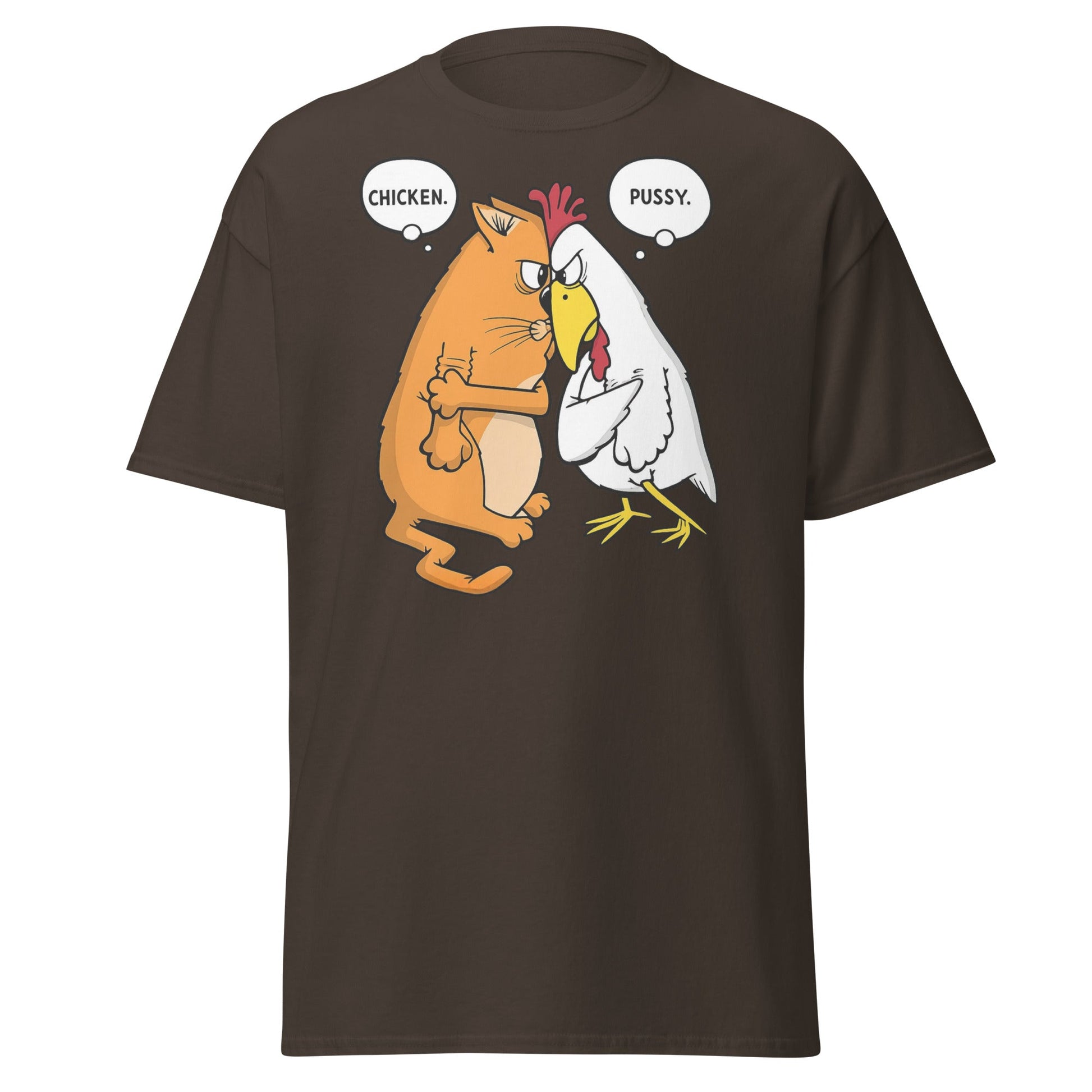 Funny Cat and Chicken Insult Wordplay T-Shirt - Dark Chocolate - T-Shirts Online
