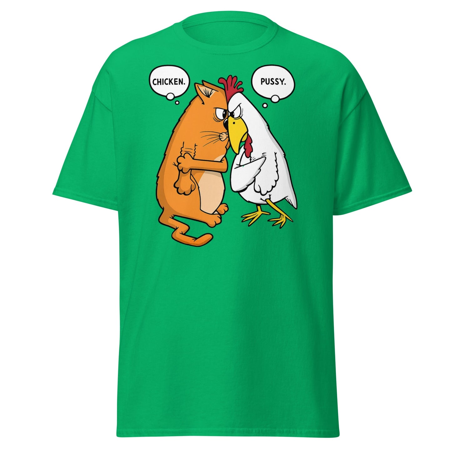 Funny Cat and Chicken Insult Wordplay T-Shirt - Irish Green - T-Shirts Online