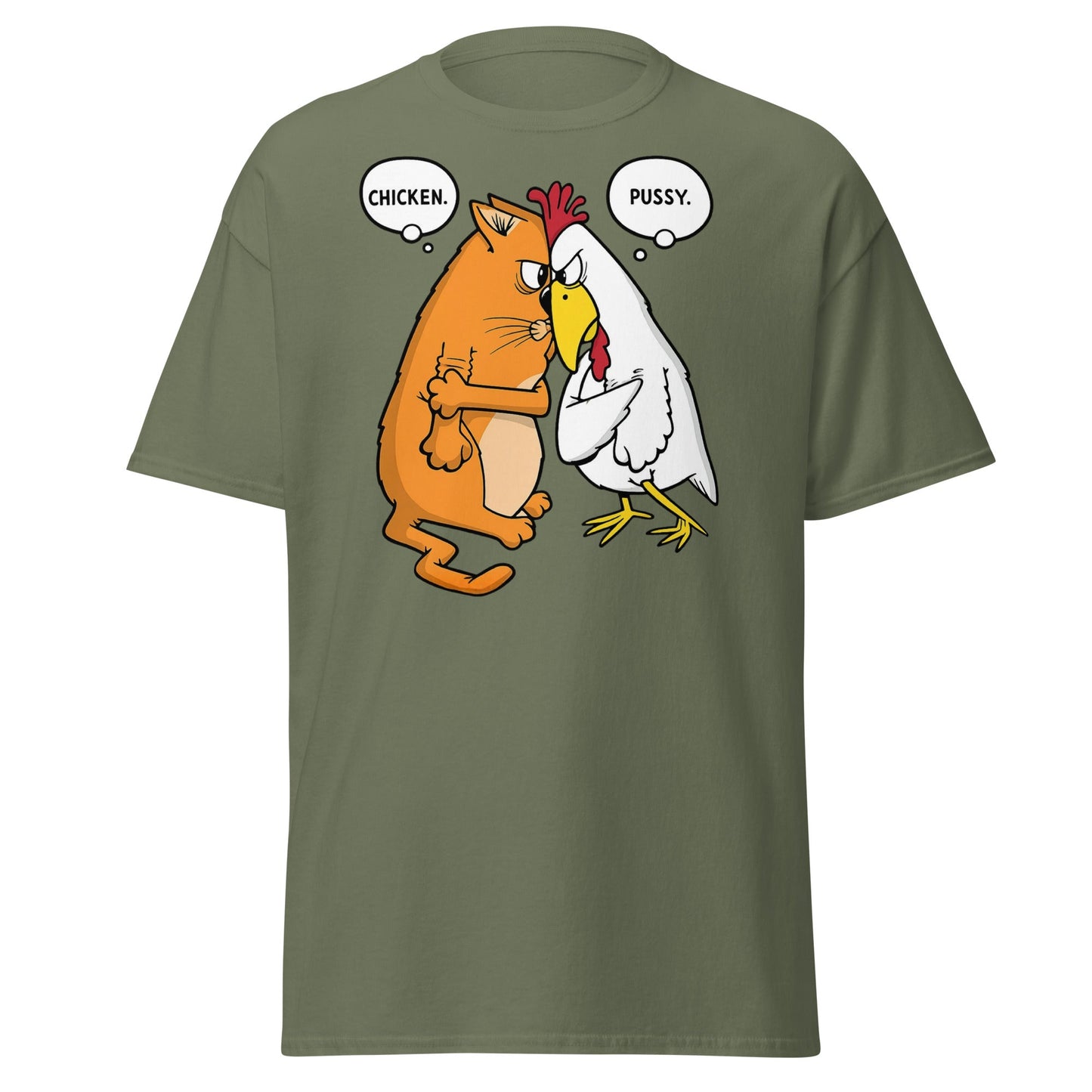 Funny Cat and Chicken Insult Wordplay T-Shirt - Military Green - T-Shirts Online