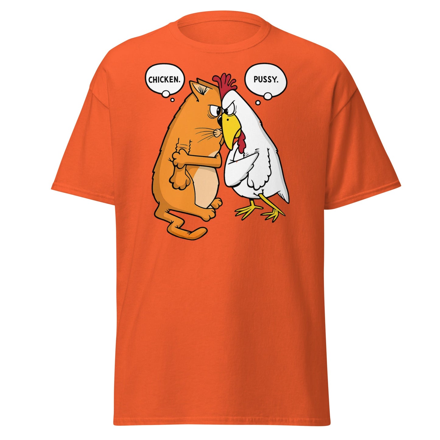 Funny Cat and Chicken Insult Wordplay T-Shirt - Orange - T-Shirts Online